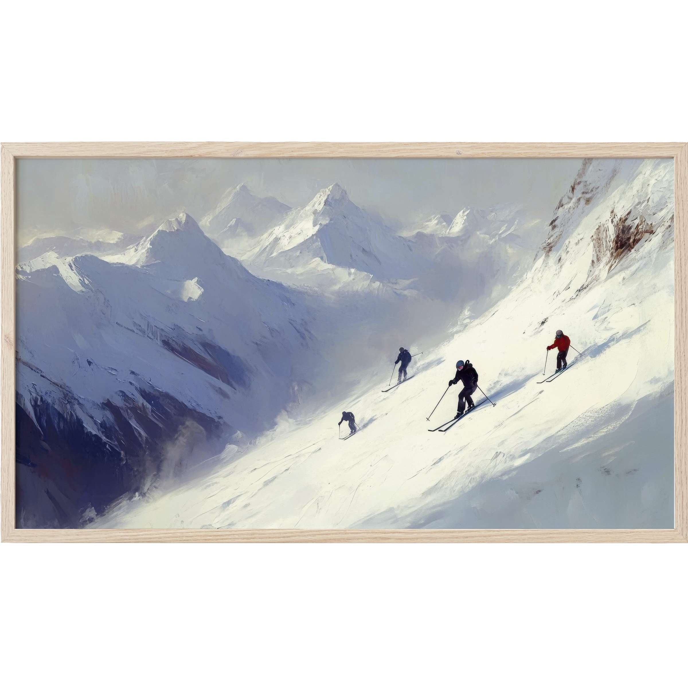 Winter Frame TV Art depicts sleek skiers descending luminous snowy slopes against misty, muted blue mountain peaks