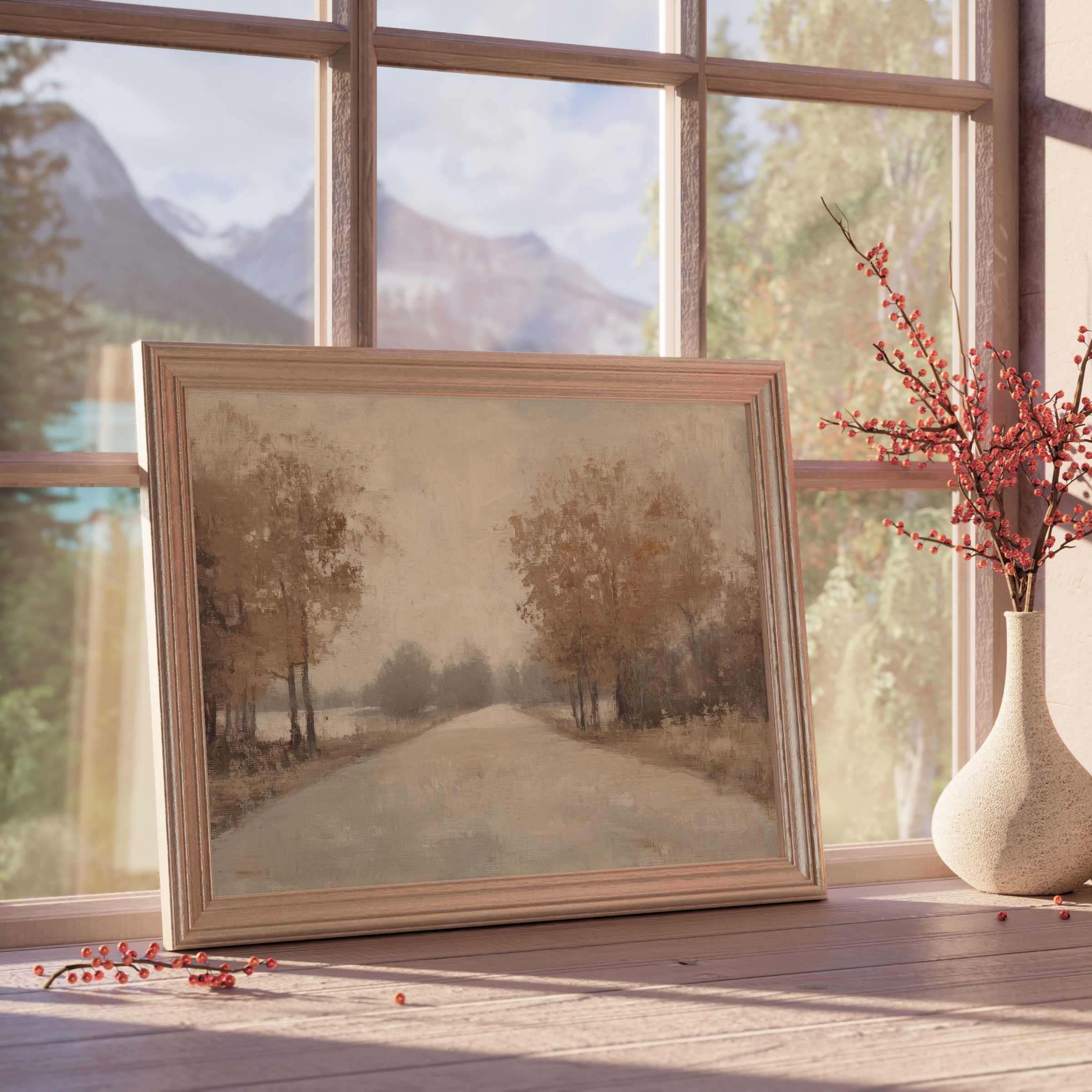 Serene fall downloadable art with muted amber trees, inviting tranquility and warmth to elevate curated, design-forward interiors