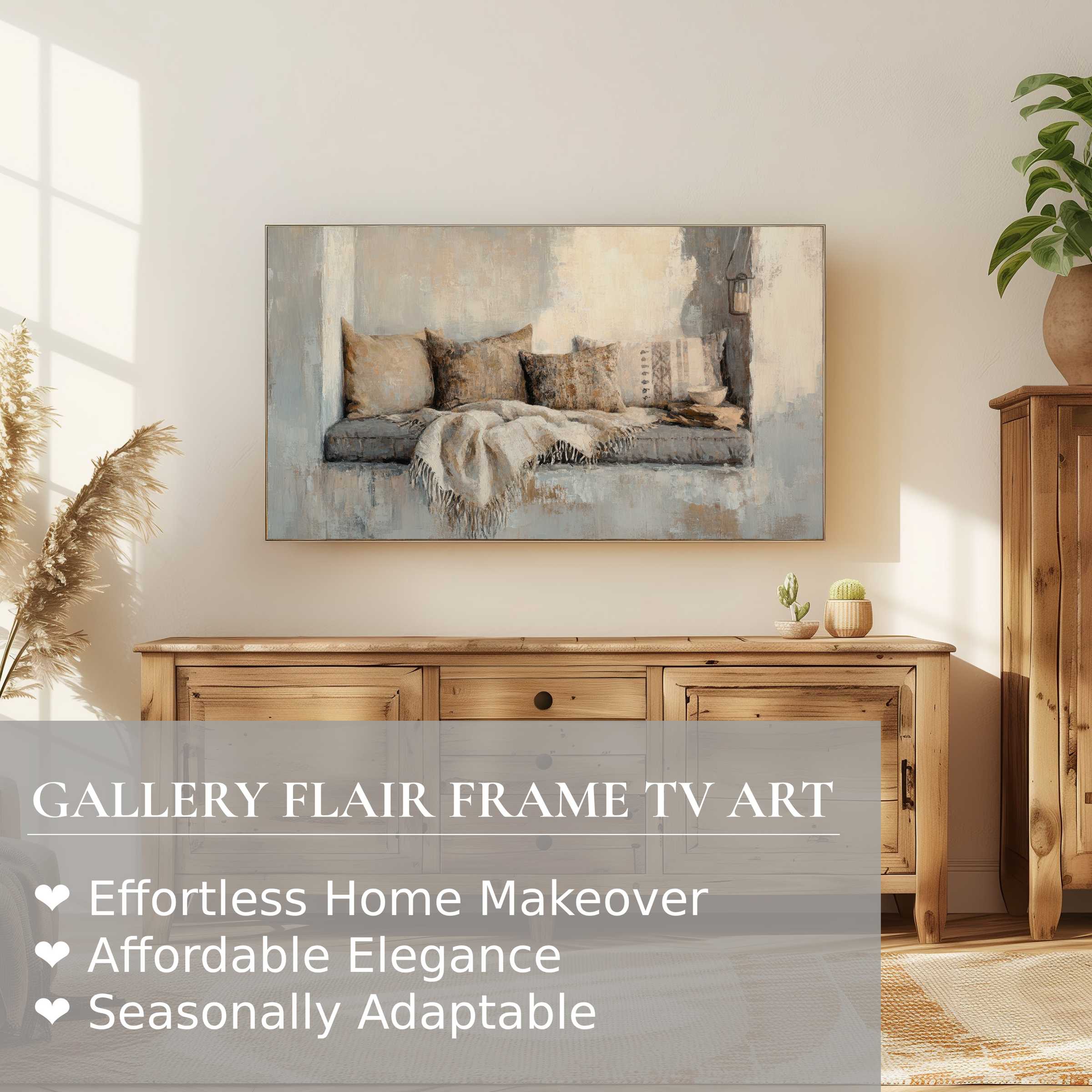 Samsung Frame TV displaying serene boho digital artwork in warm neutrals, perfect for refined home decor settings