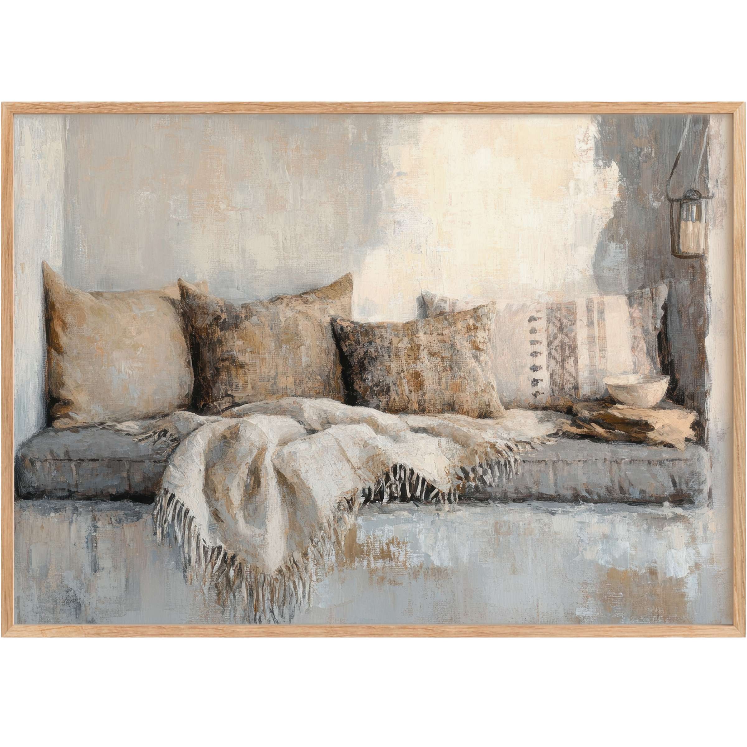Serene boho printable wall art featuring soft earth tones and textured pillows, creating a warm, inviting ambiance perfect for elegant, cozy interiors