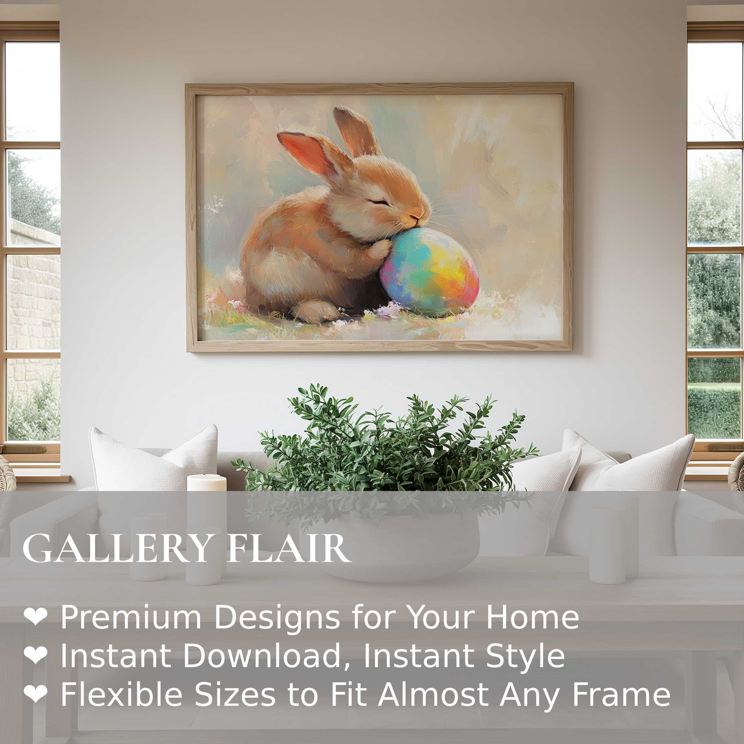 Charming easter wall art print of a serene bunny with a colorful egg, adding soft warmth and tranquil whimsy to modern minimalist decor