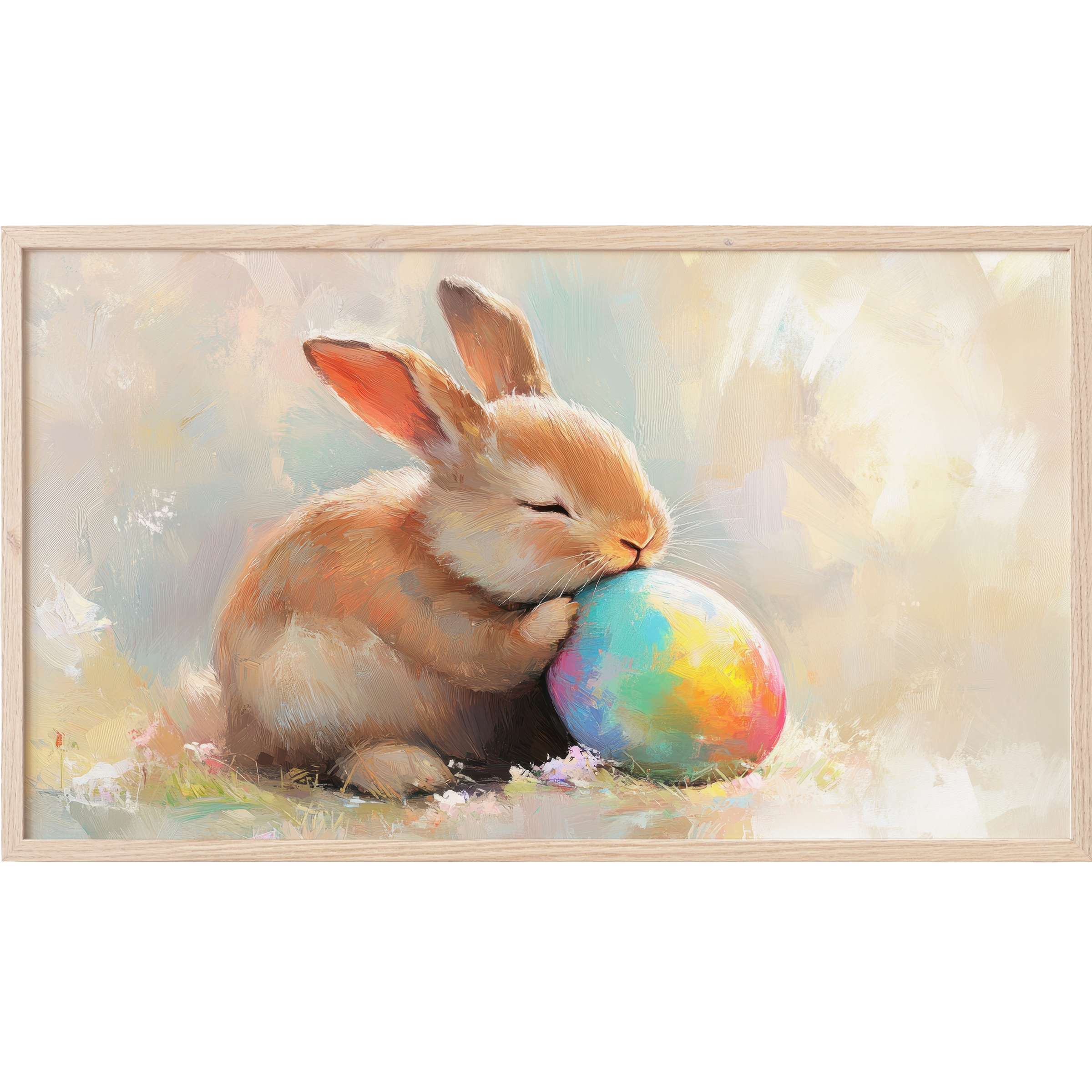 easter Frame TV Art featuring a soft, impressionist bunny cuddling a vibrant pastel egg in muted earth tones