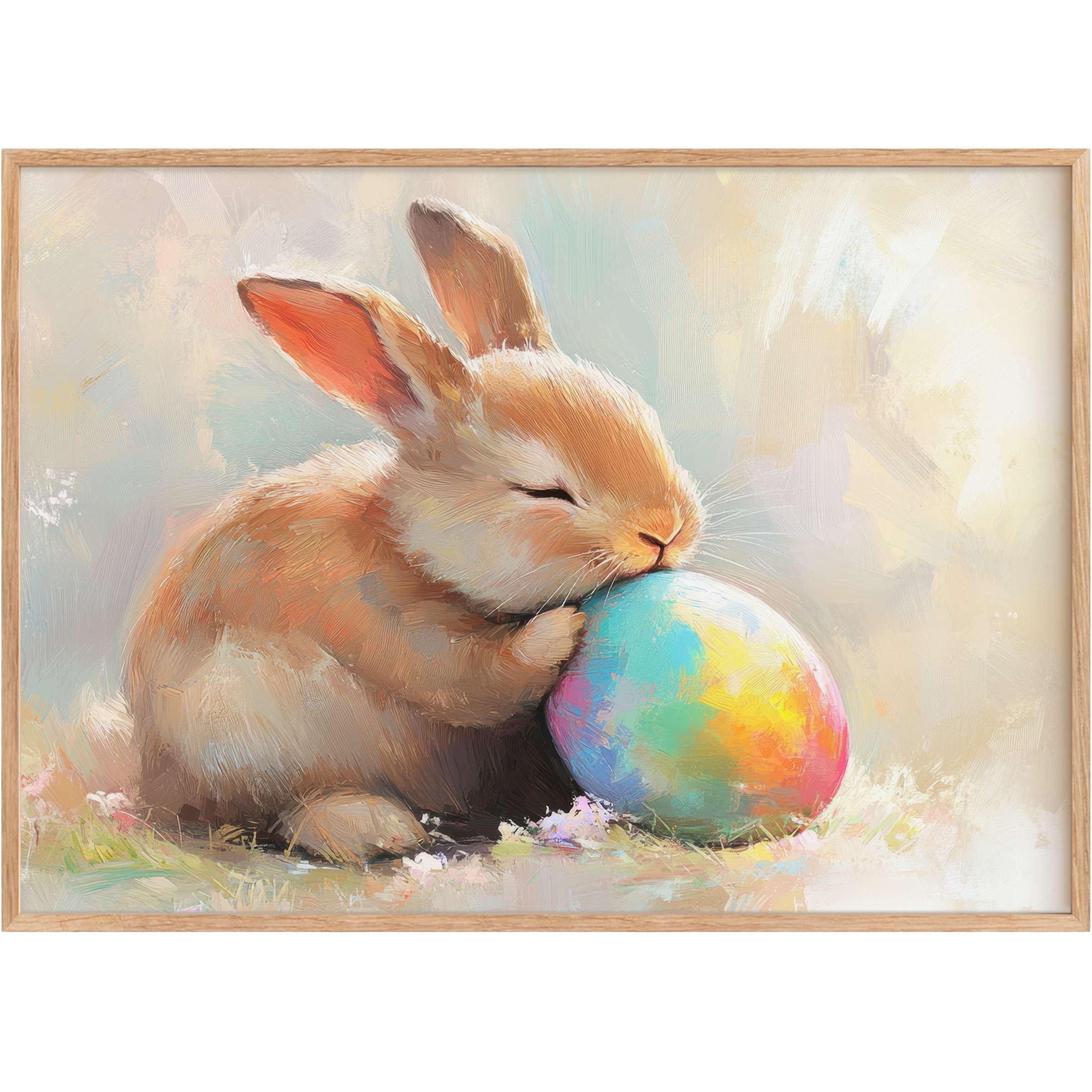 Gentle bunny cradles a vibrant pastel egg, infusing serene warmth and joyous charm into any space with easter printable wall art