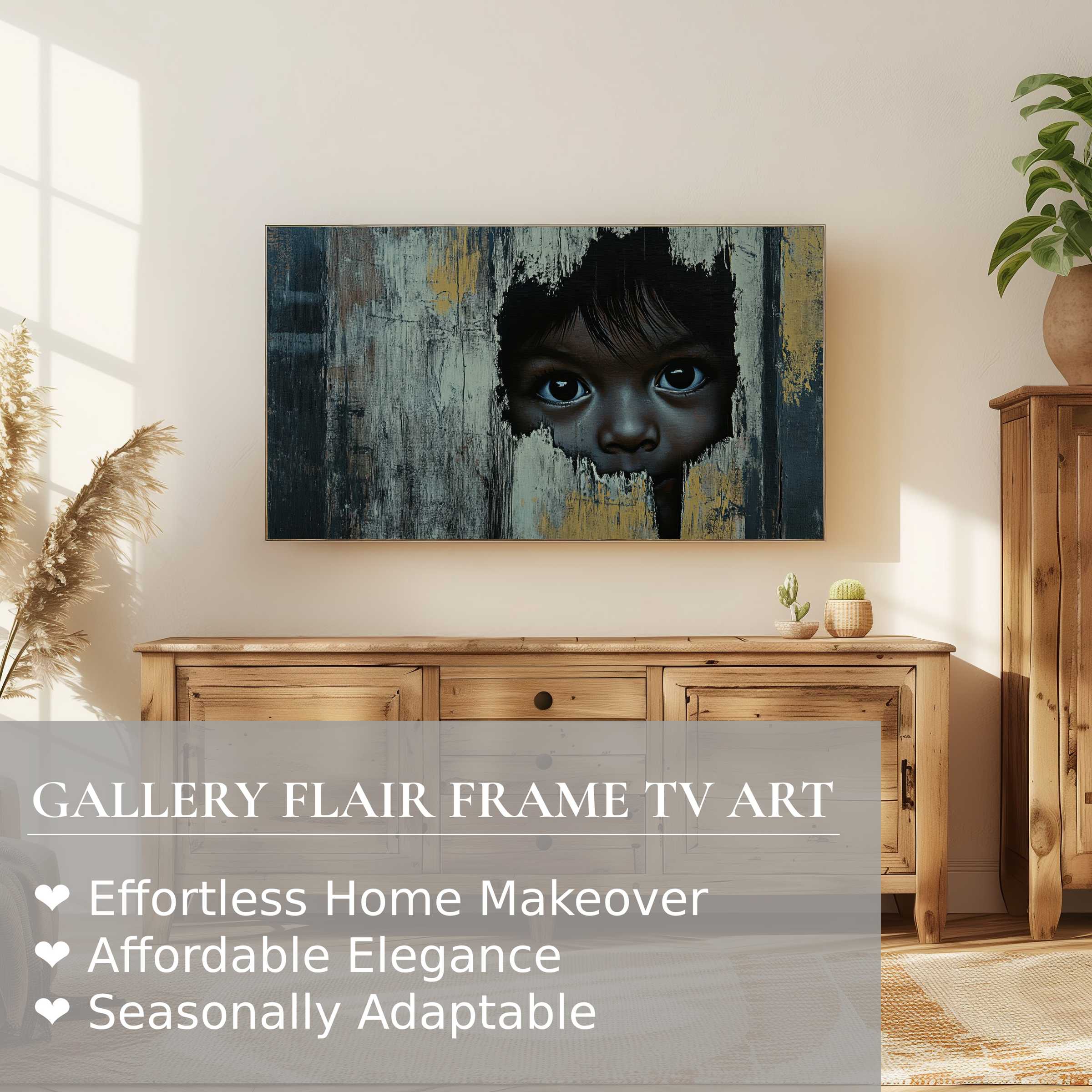 Samsung Frame TV displaying moody street art digital artwork in a refined, sunlit modern living space