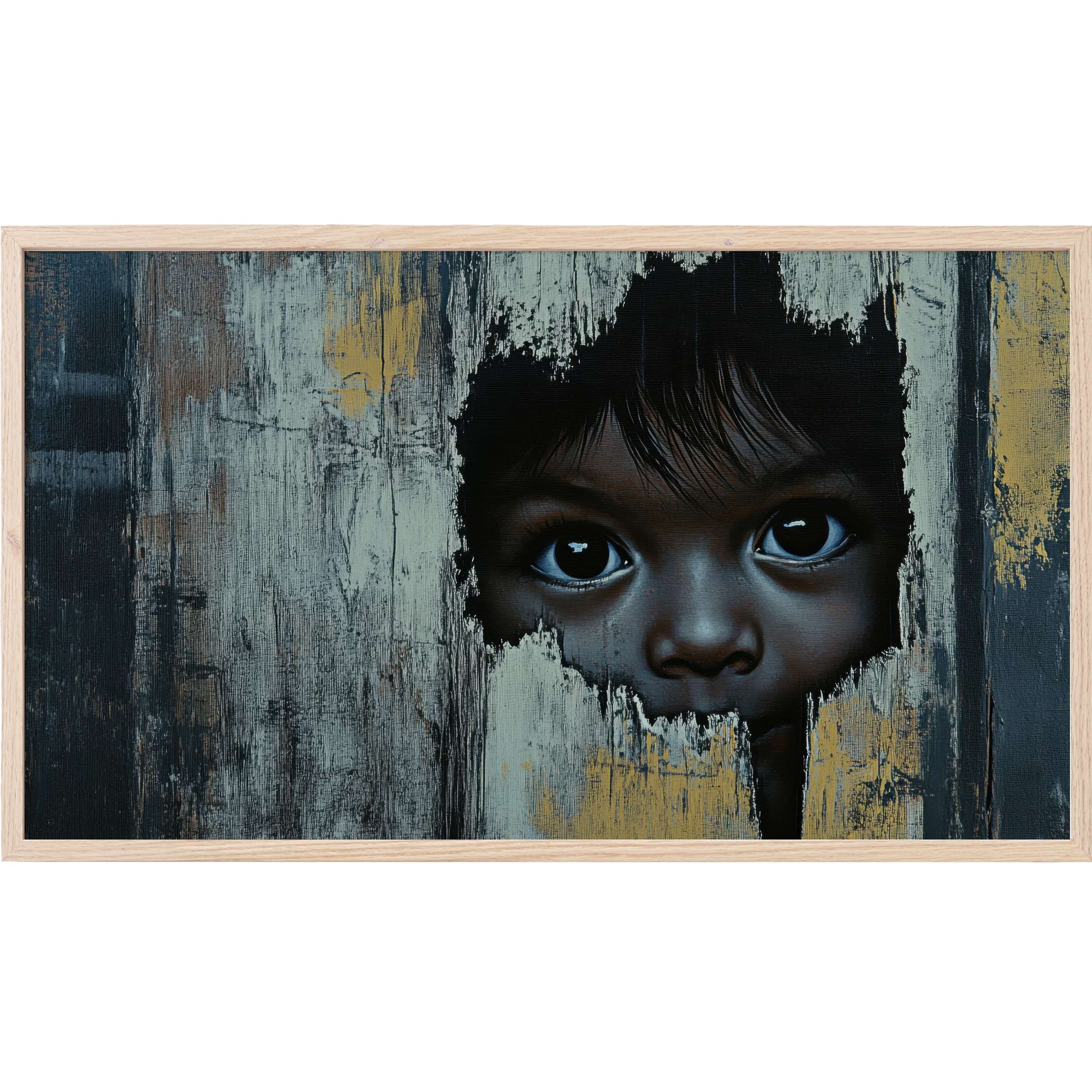 Striking portrait of a child's eyes peeking through distressed textures in muted blues and golds, street art Frame TV Art