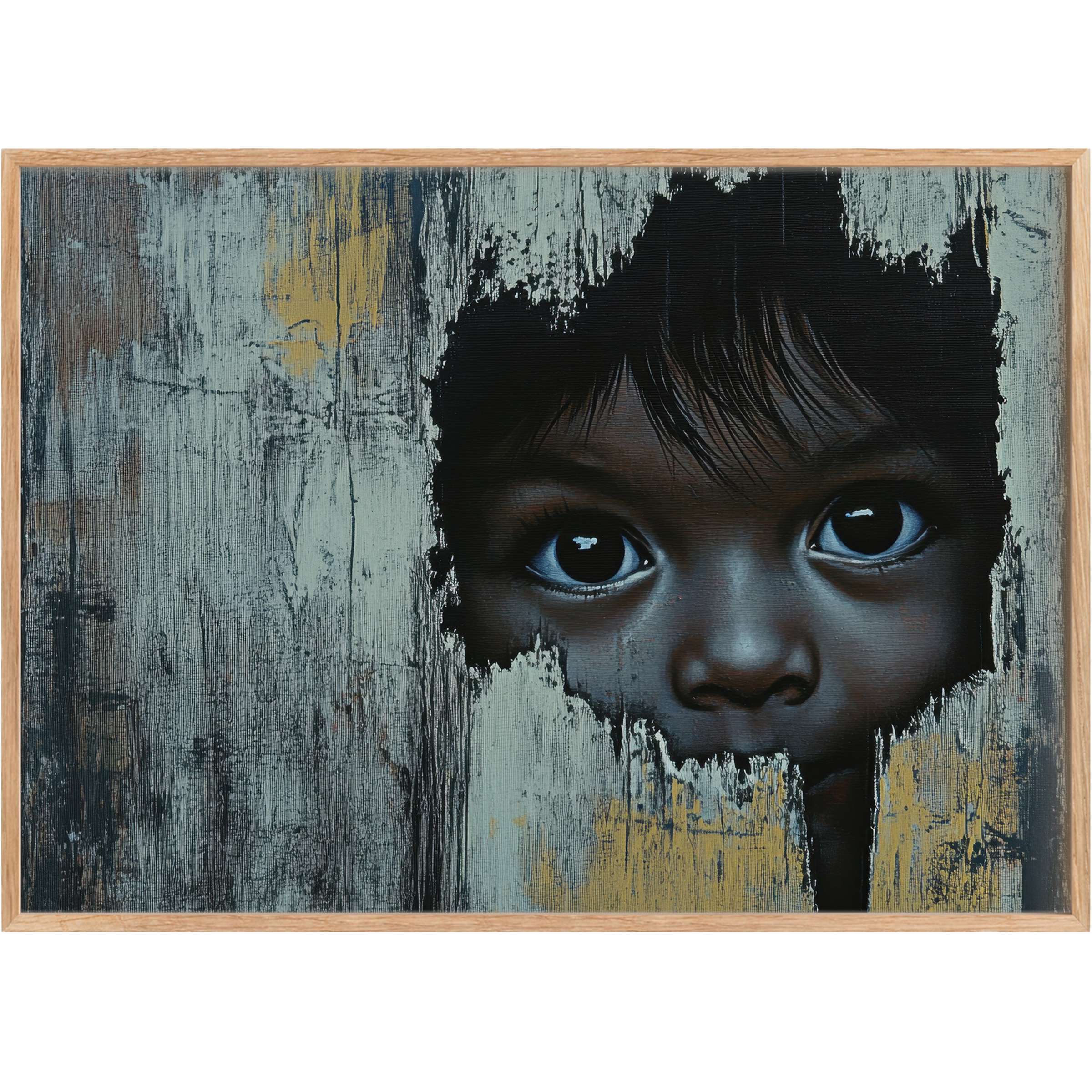 Intriguing street art printable wall art with soulful eyes peering through textured teal and muted gold, evoking a bold, reflective mood