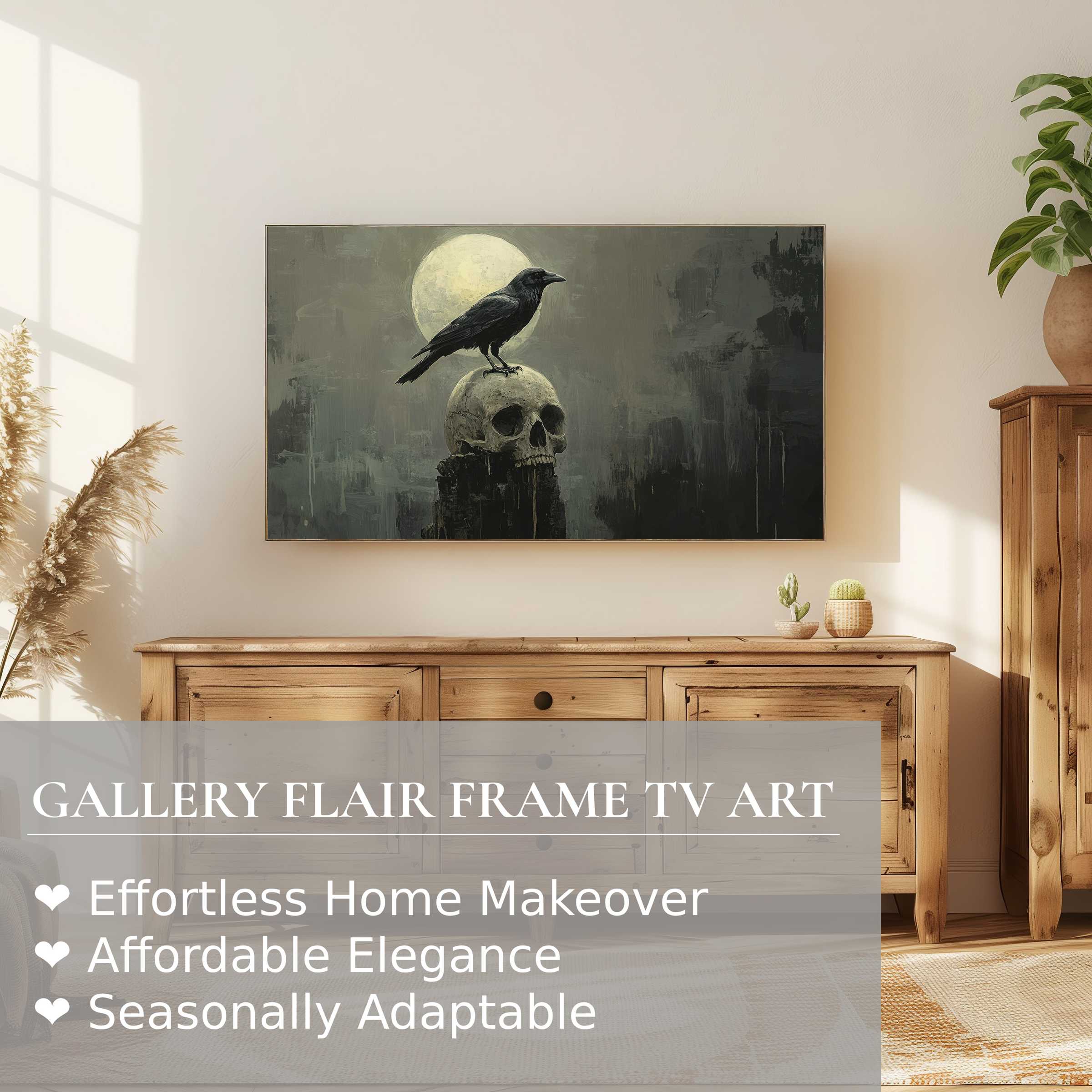 Samsung Frame TV showcasing elegant halloween digital artwork with a raven on a skull in a modern setting