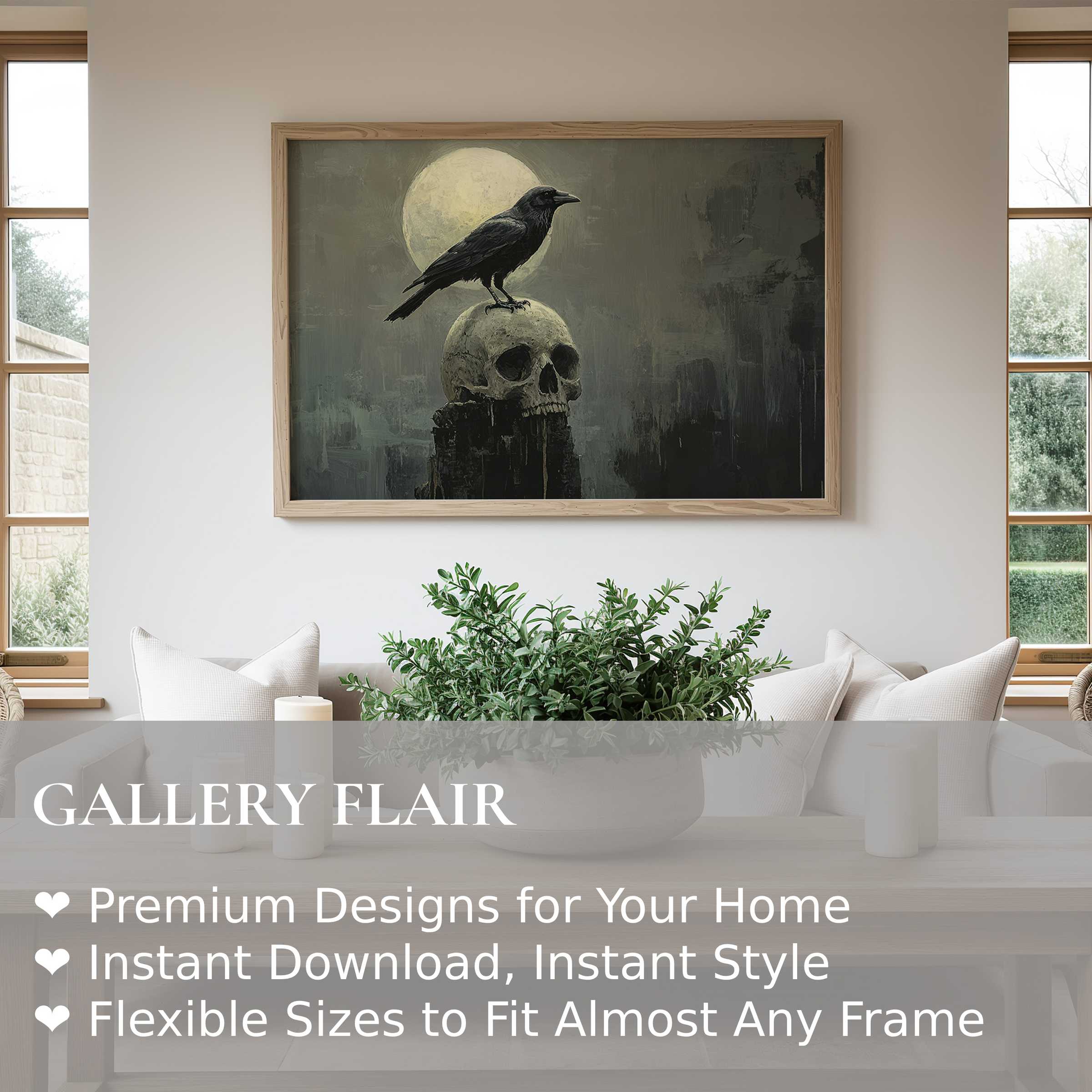 Halloween wall art print featuring a bold raven perched on a skull under a luminous moon, enhancing modern minimalist interiors with dark, moody elegance