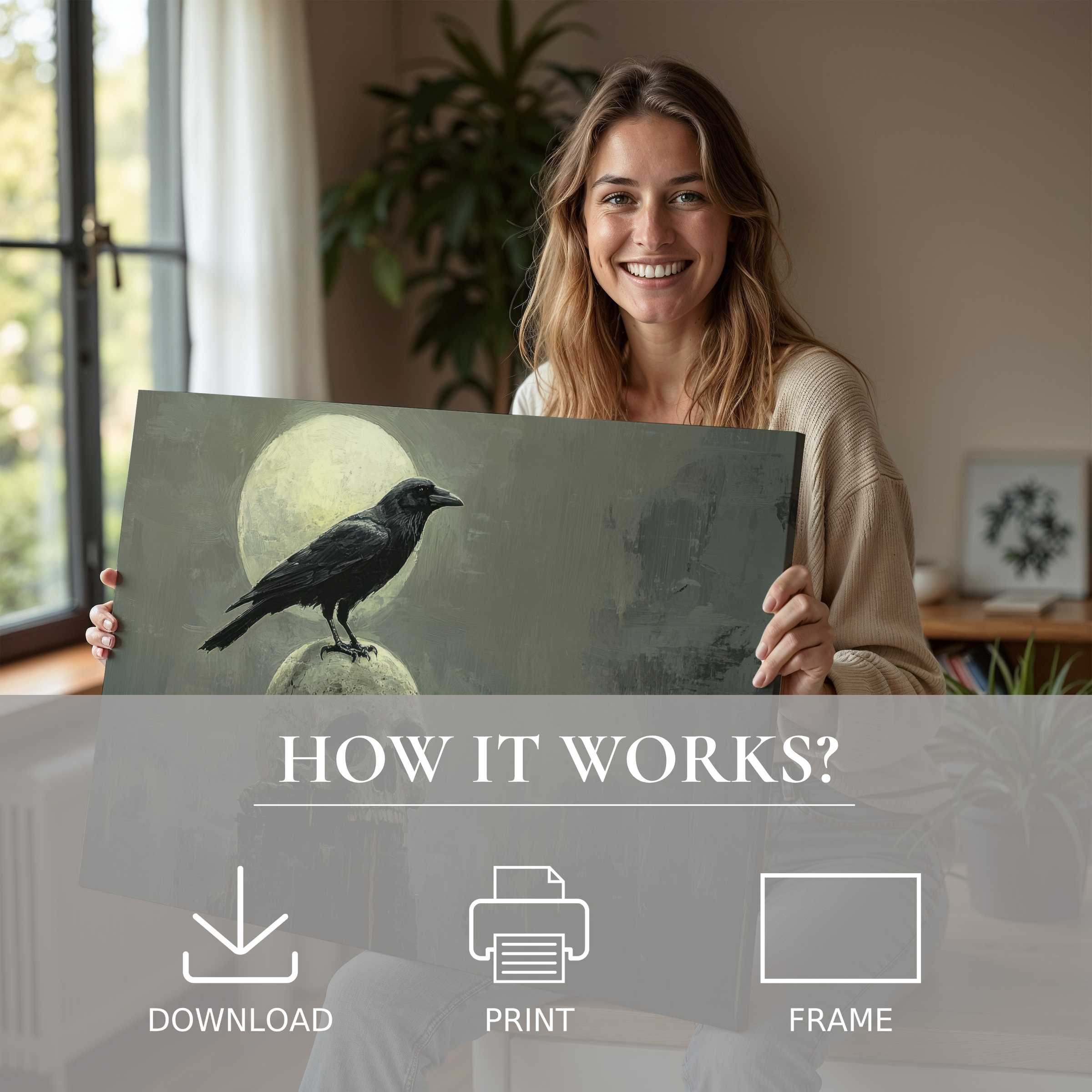 Elegant Halloween digital art print embraced in a sunlit modern home, capturing serene joy and effortless style with ethereal moonlit tones