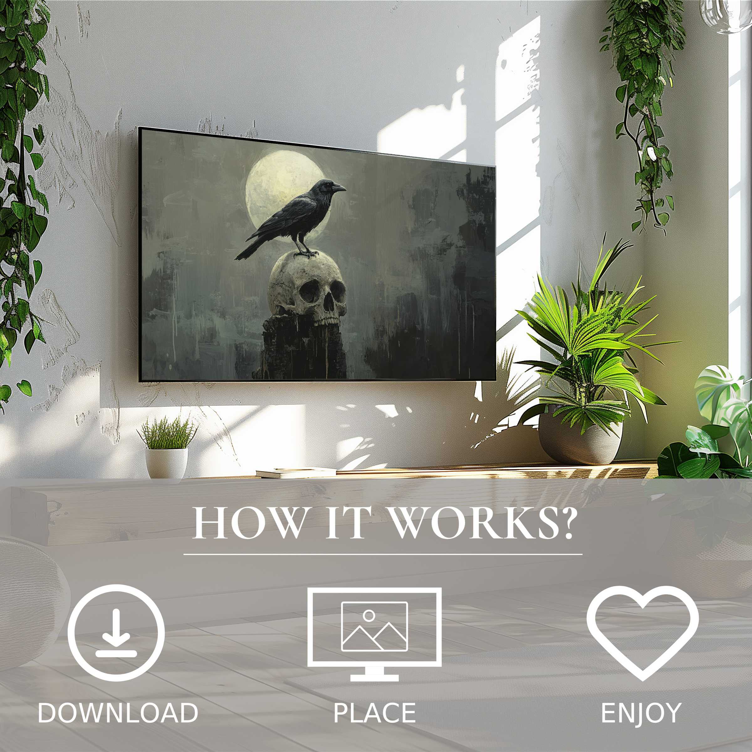 Halloween art for Samsung TV shows a dark crow on a skull with moon glow, easy digital download enriches modern decor