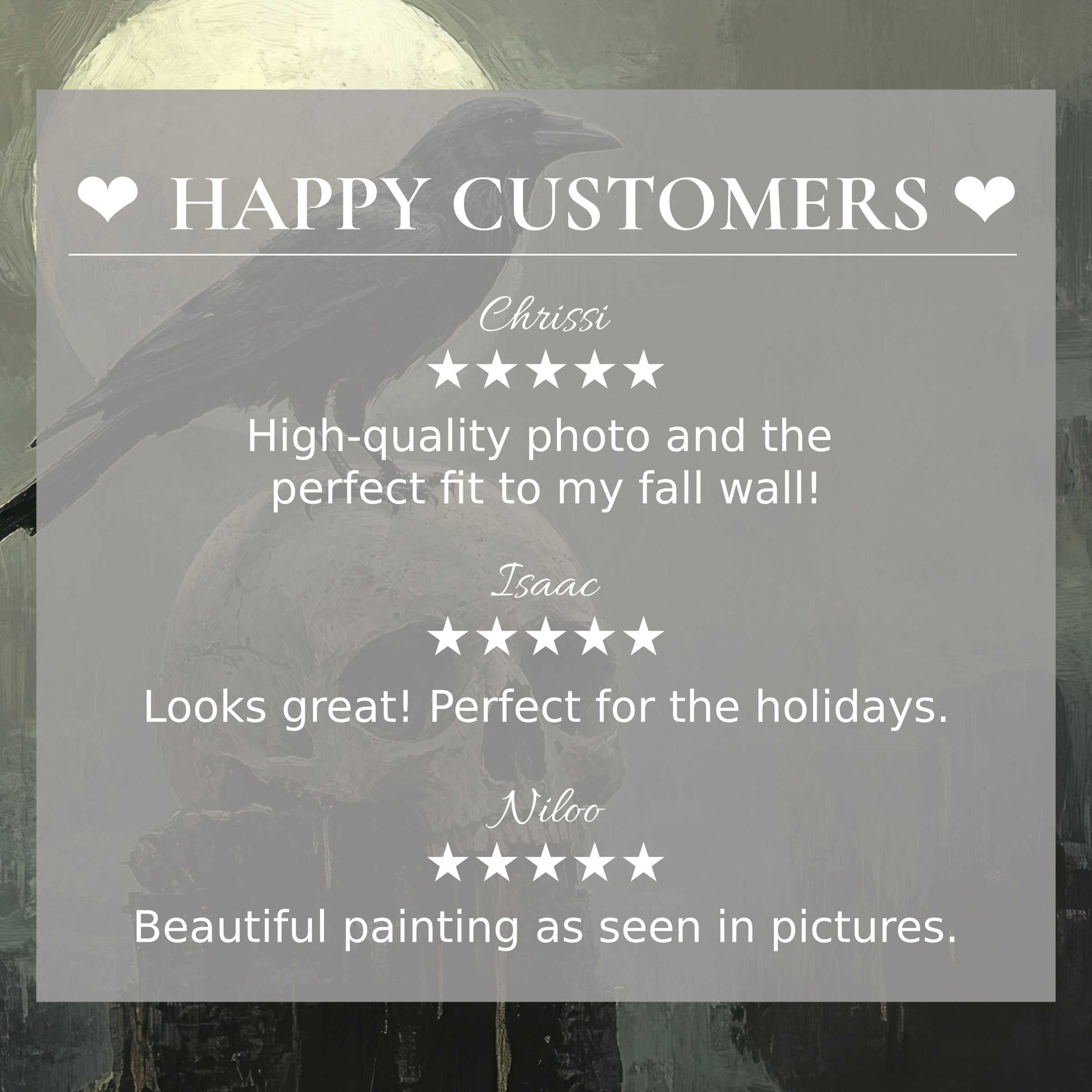 Elegant halloween art for Frame TV with raven and skull backdrop; happy customer reviews foster trust and style appeal