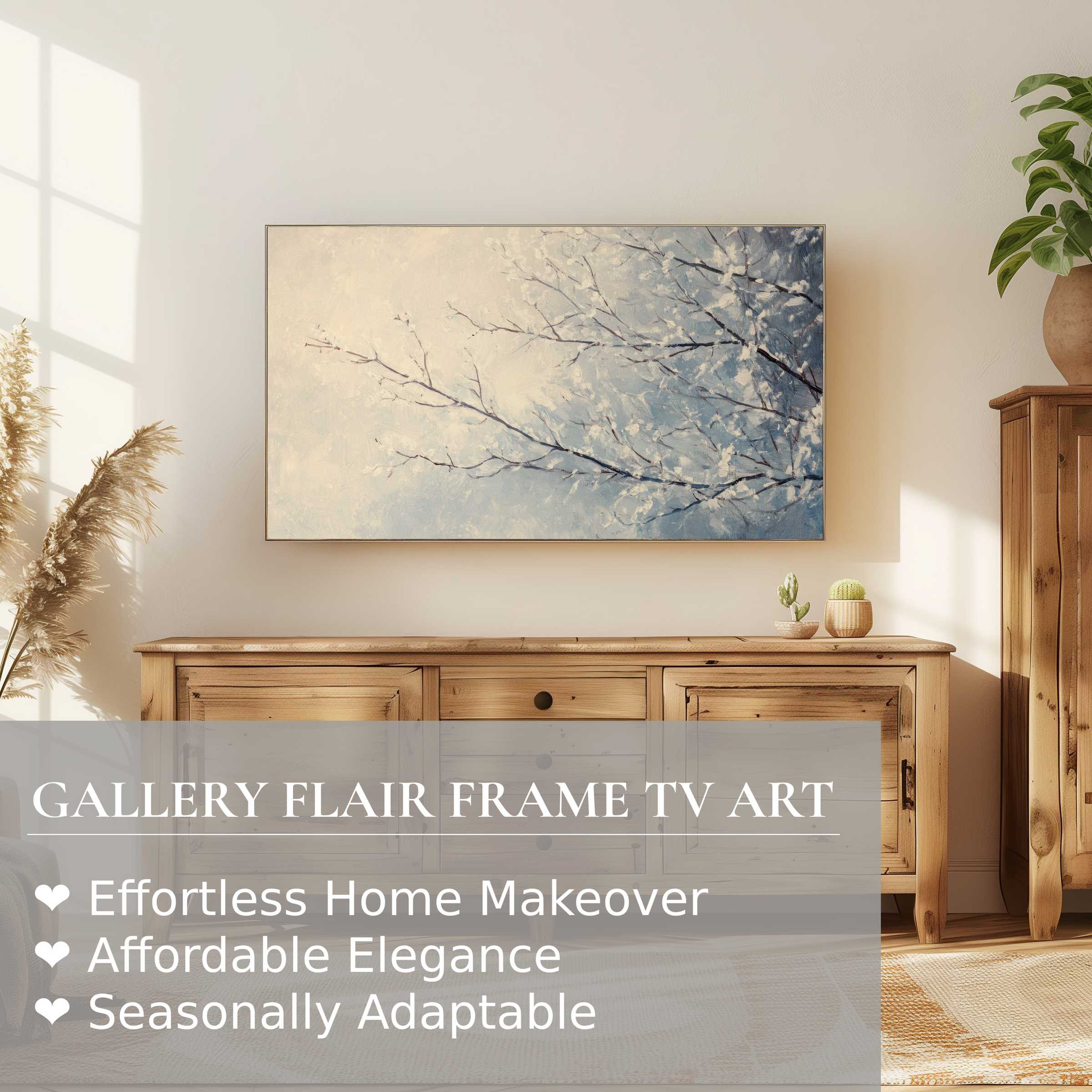 Samsung Frame TV displaying refined tree digital artwork in a sunlit, warm-toned living room with natural wood accents