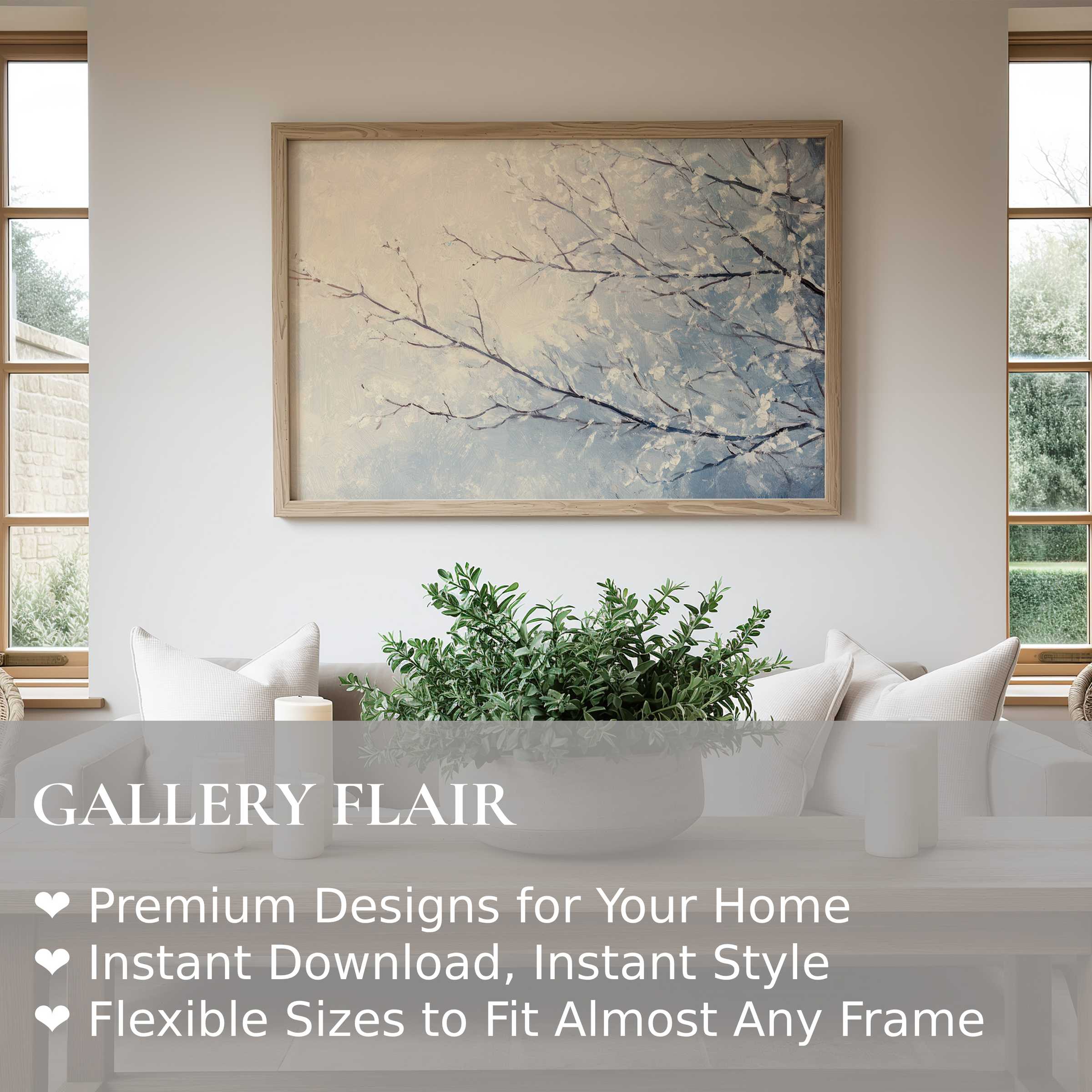 Serene tree wall art print with soft pastel branches, enhancing modern minimalist interiors with calming, natural elegance and subtle texture