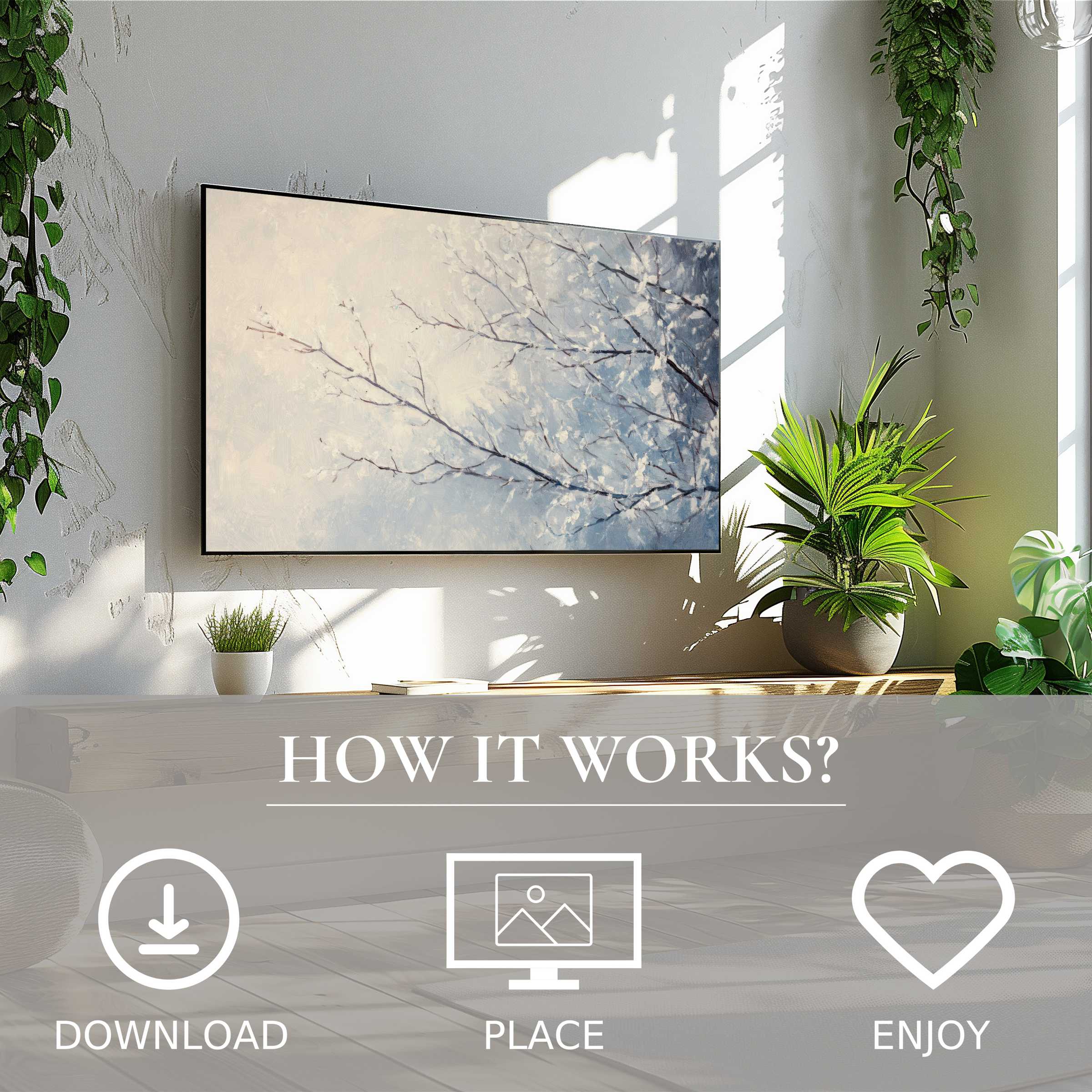 Modern living room with green plants featuring tree art for Samsung TV in soft sunset tones, easy digital download