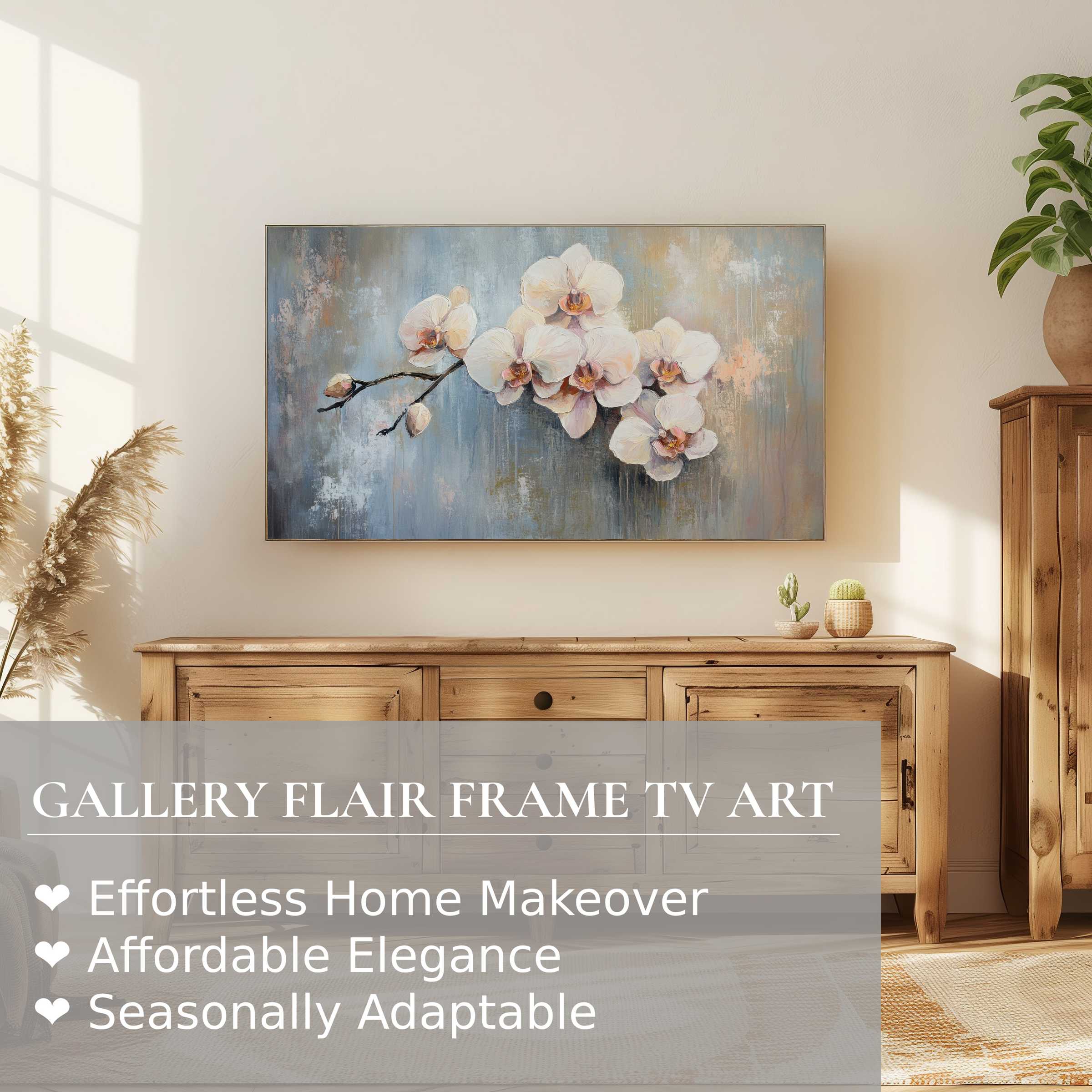 Samsung Frame TV showcasing botanical digital artwork of soft orchids in a serene, sunlit modern decor setting