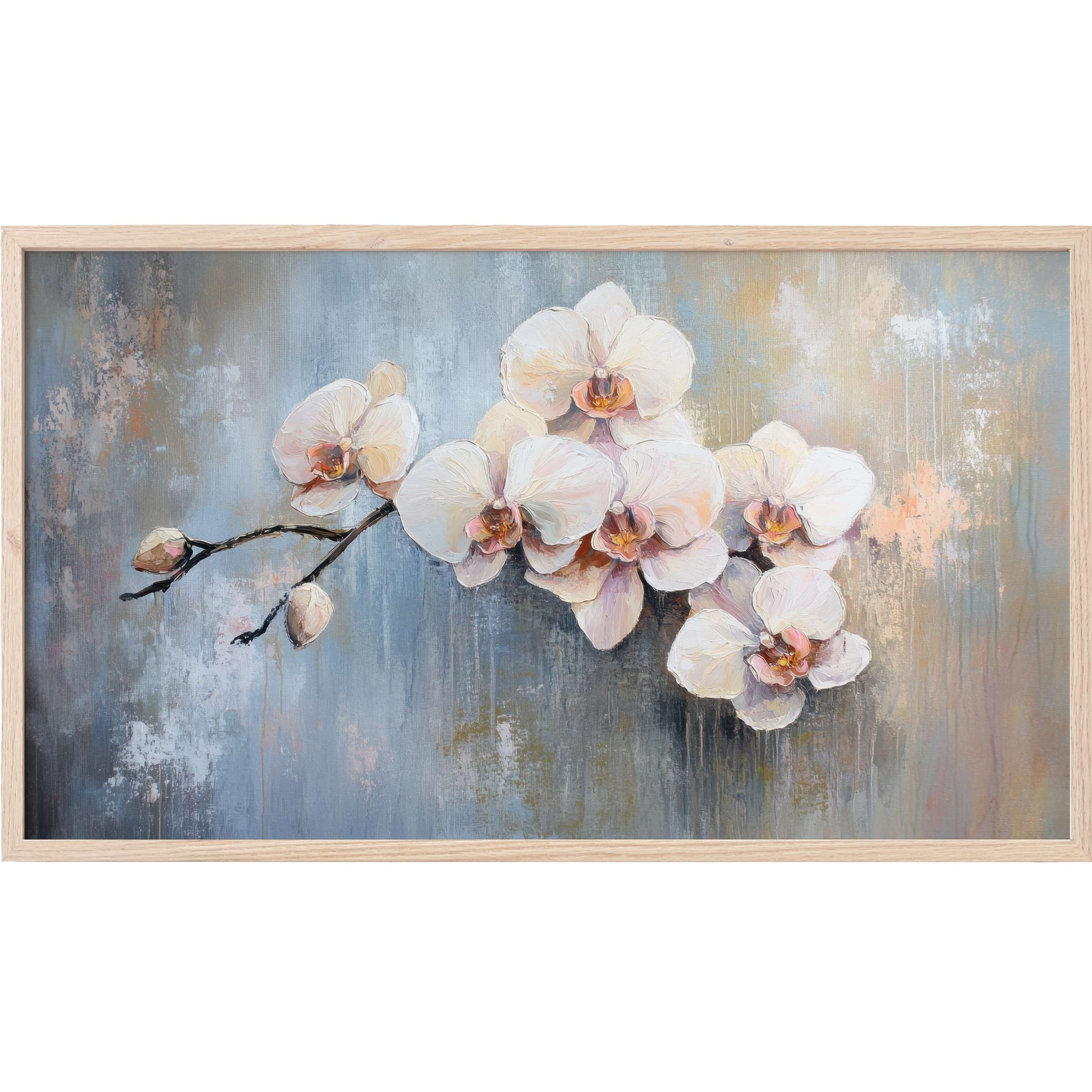 Elegant white orchids with soft pinks on textured muted blue and gold background, botanical Frame TV Art in modern style