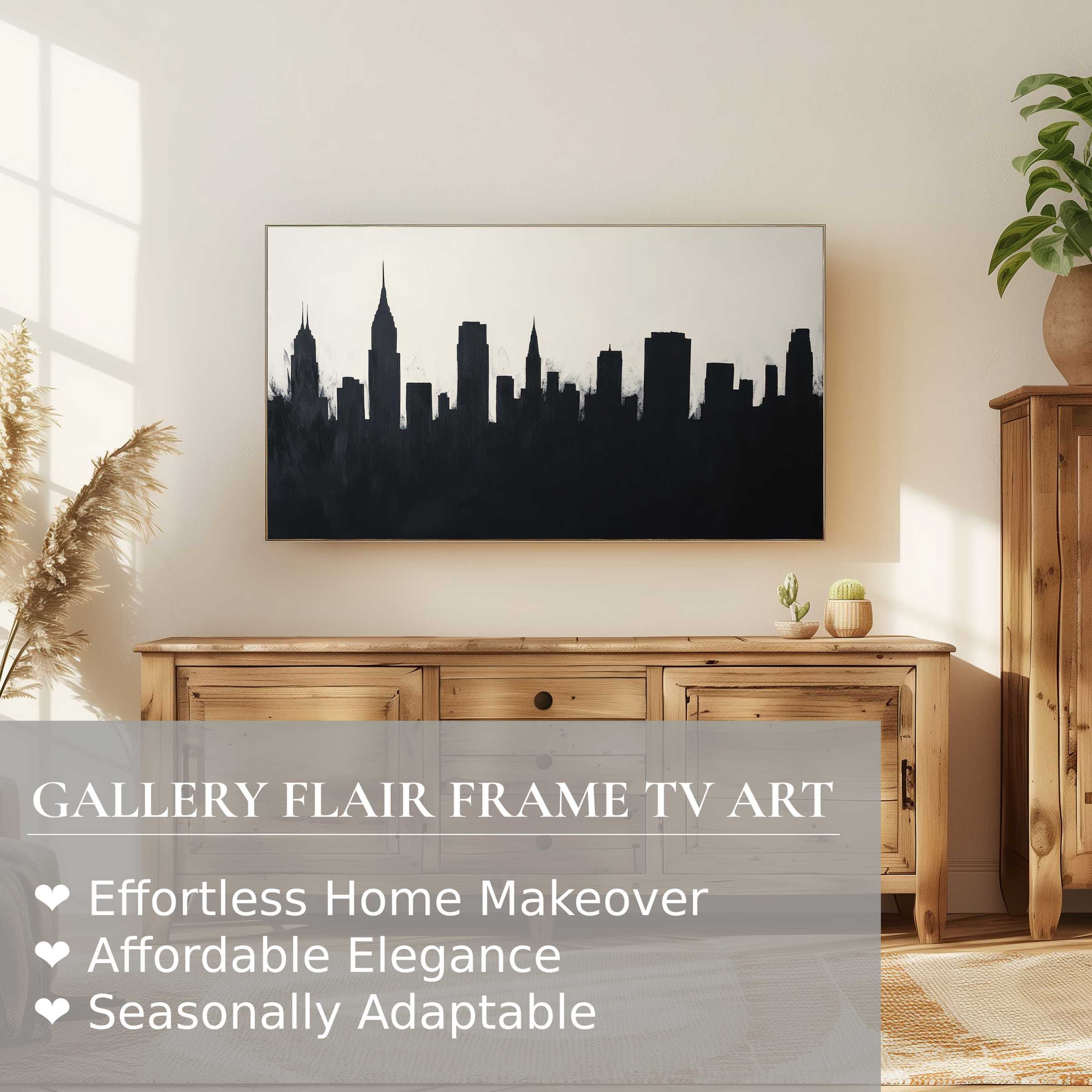 Samsung Frame TV displays elegant black and white digital artwork of a minimalist city skyline in a modern living room