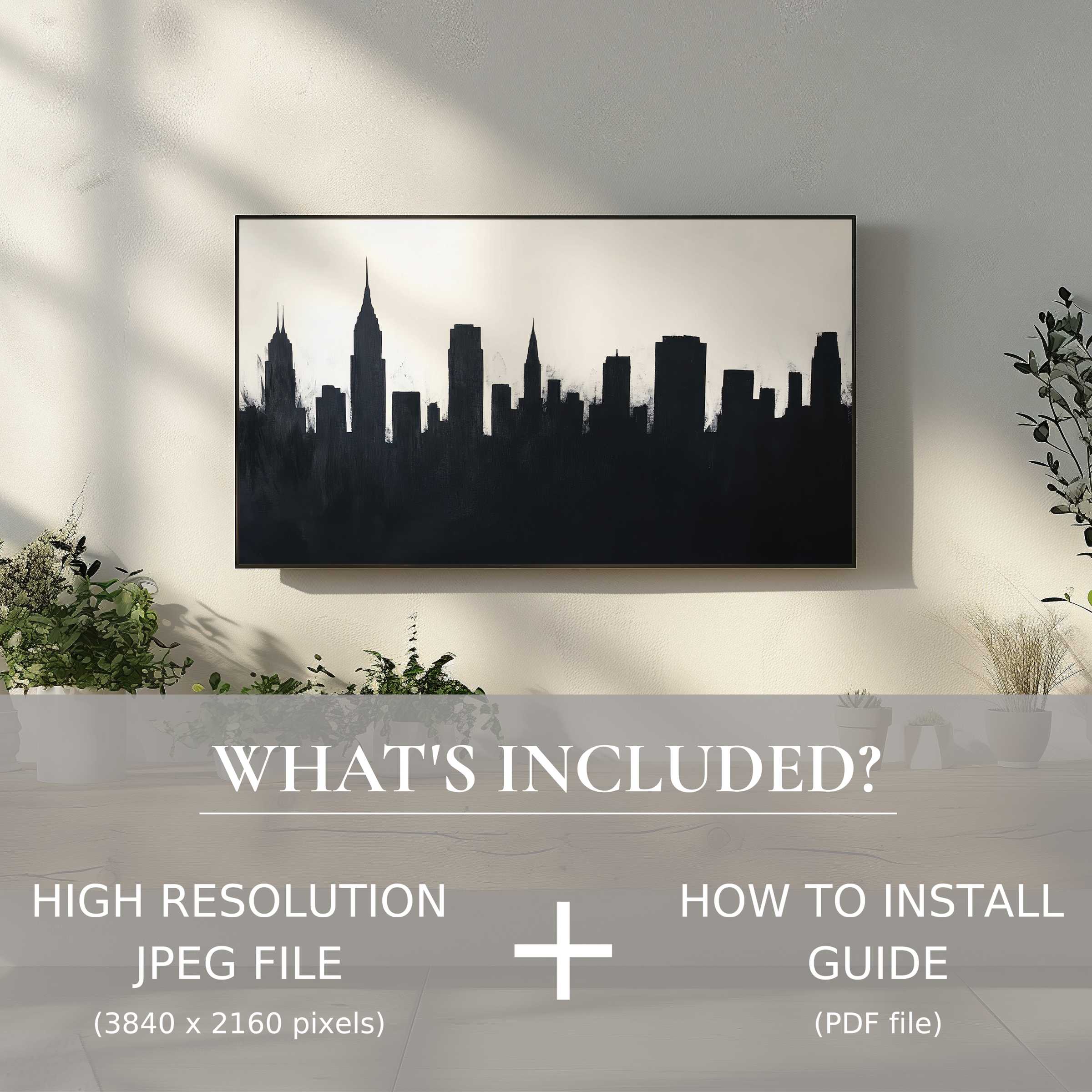 Elegant black and white digital TV art download, easily enhances modern living spaces with sleek cityscape charm