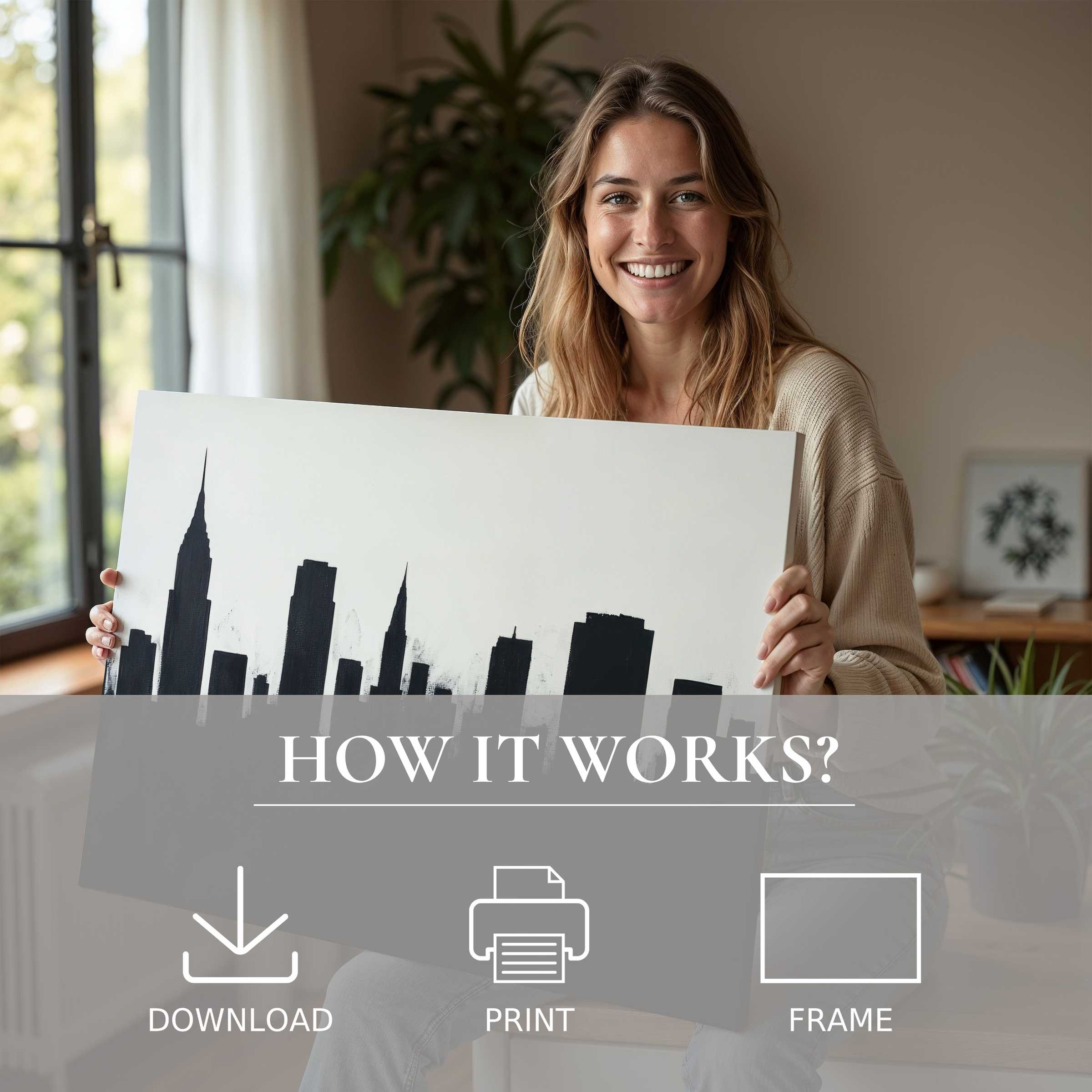 A serene moment of joy embracing black and white digital art print, celebrating effortless elegance in stylish living spaces