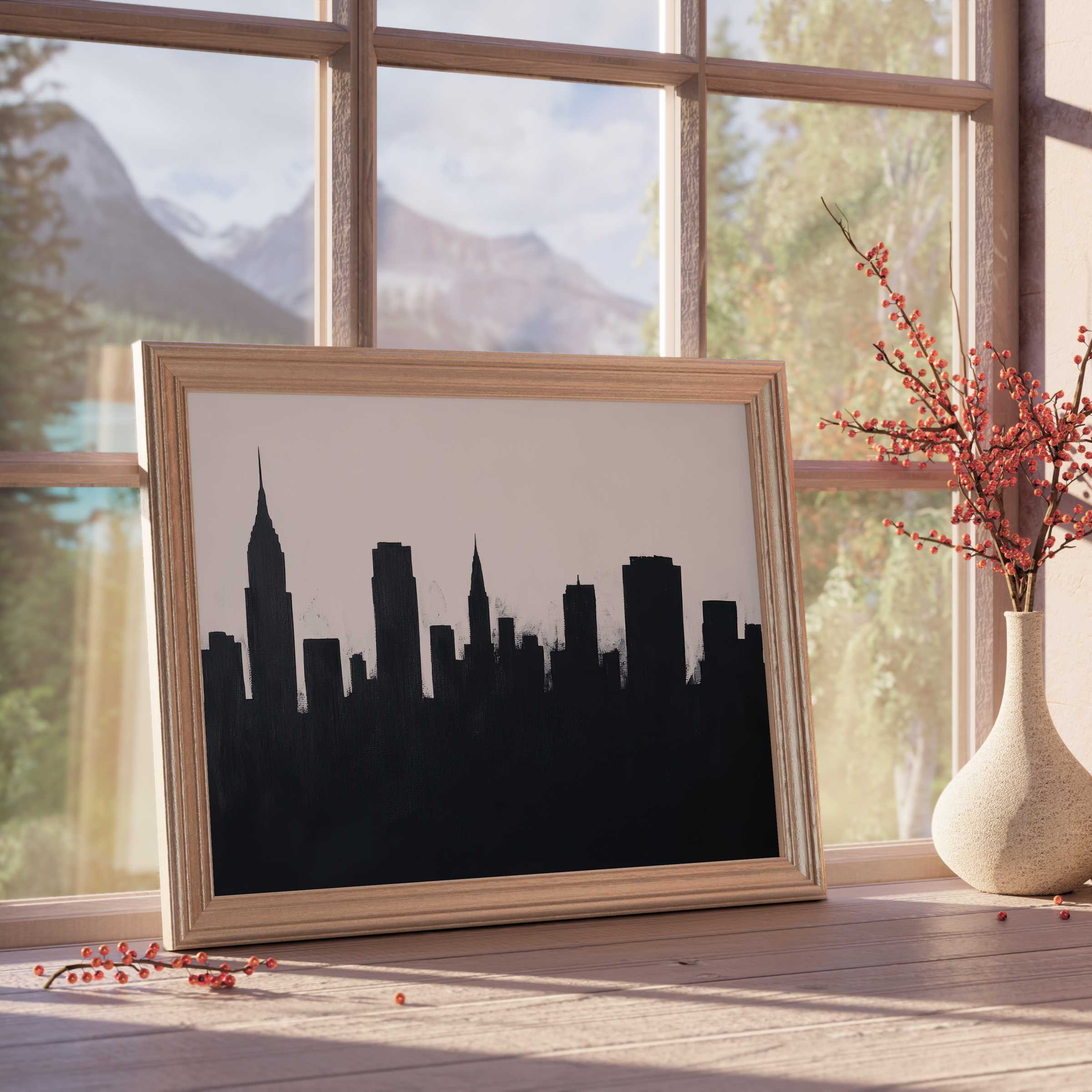 Black and white downloadable art capturing a sleek city skyline silhouette, adding calm sophistication to curated modern interiors