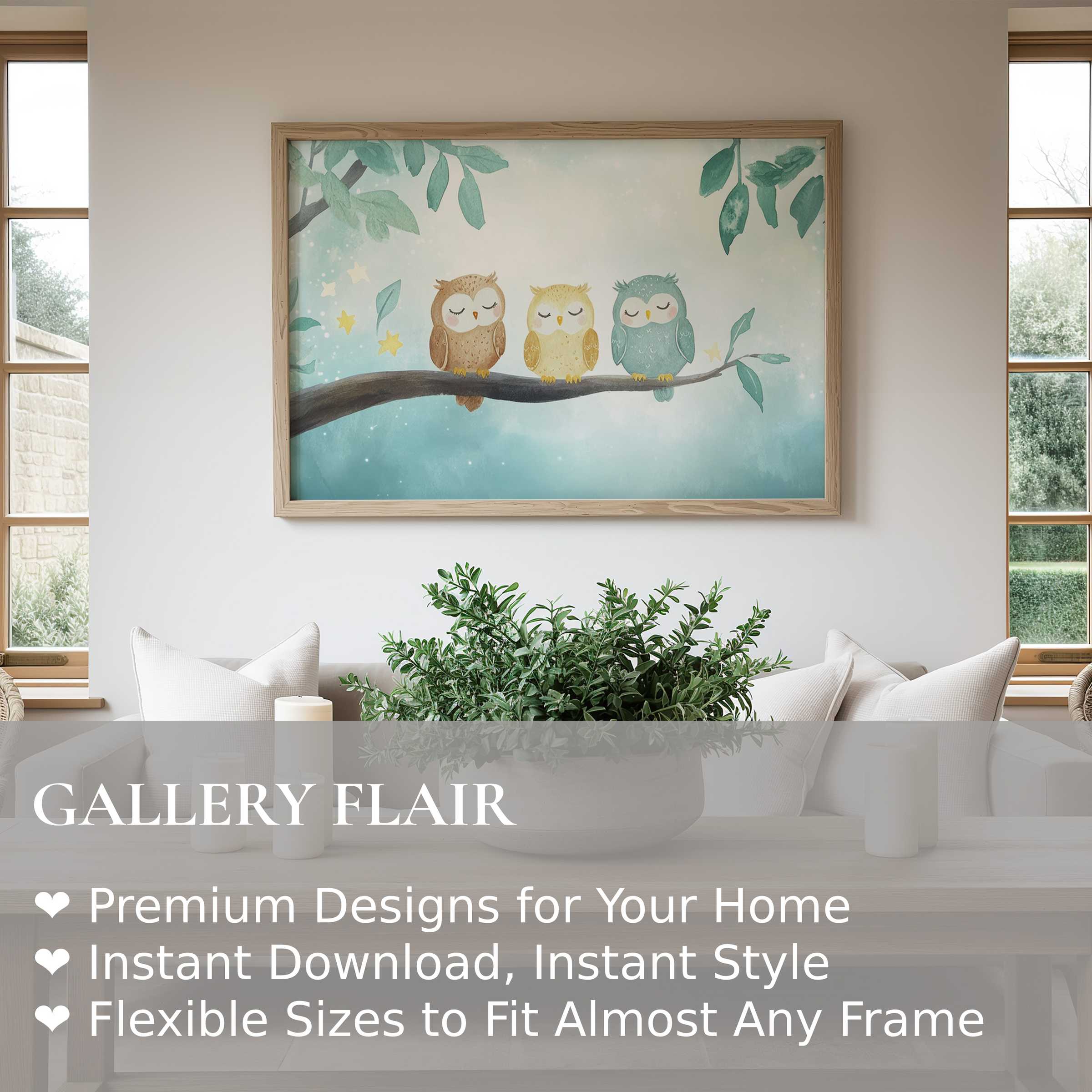 Nursery wall art print with serene owls on a branch, radiating soft calmness; enhances modern, minimalist nursery decor