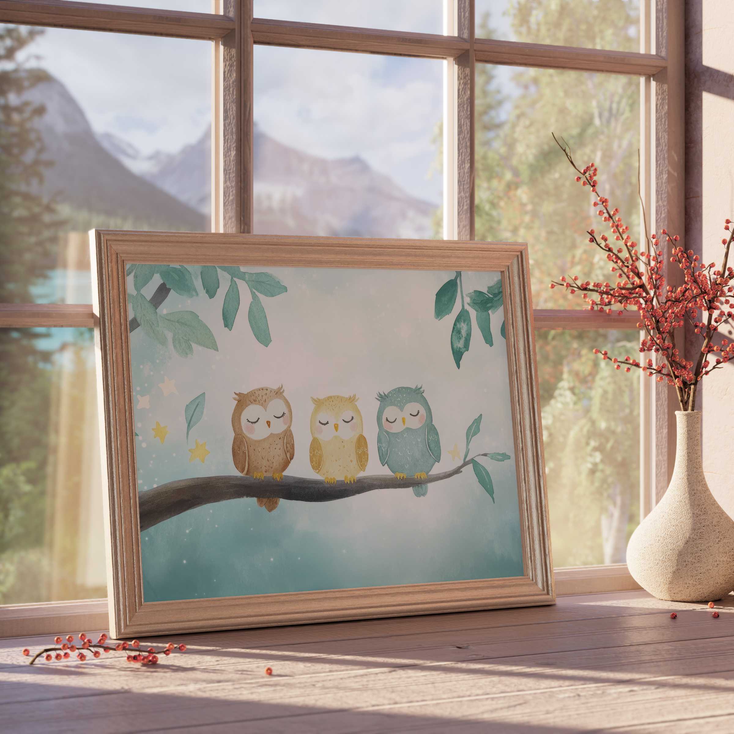 Nursery downloadable art featuring serene owls on a branch, enhancing tranquil, curated kids’ spaces with soft, warm elegance