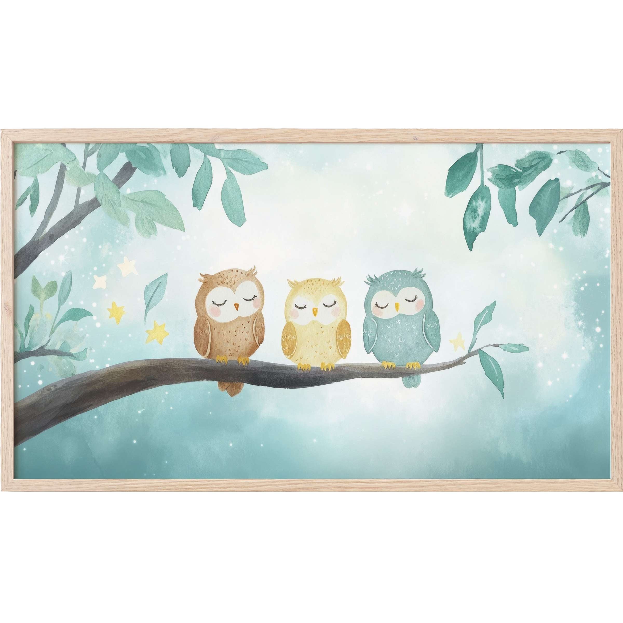 Soft watercolor owls perched on branch with stars in calming blues and greens, elegant nursery Frame TV Art