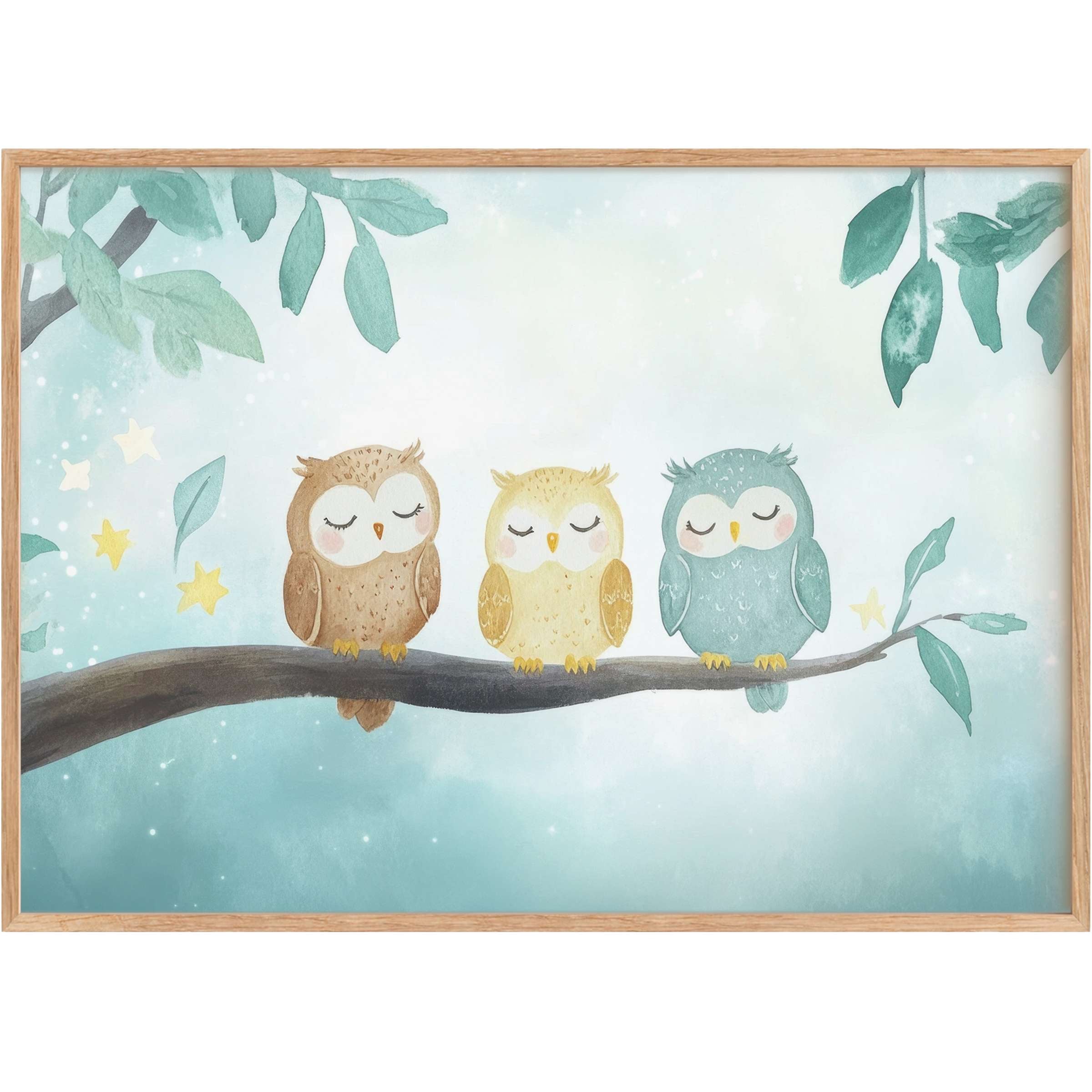 Serene nursery printable wall art featuring three gentle owls on a branch, bathed in soft blues and warm neutrals, evoking calm and comfort