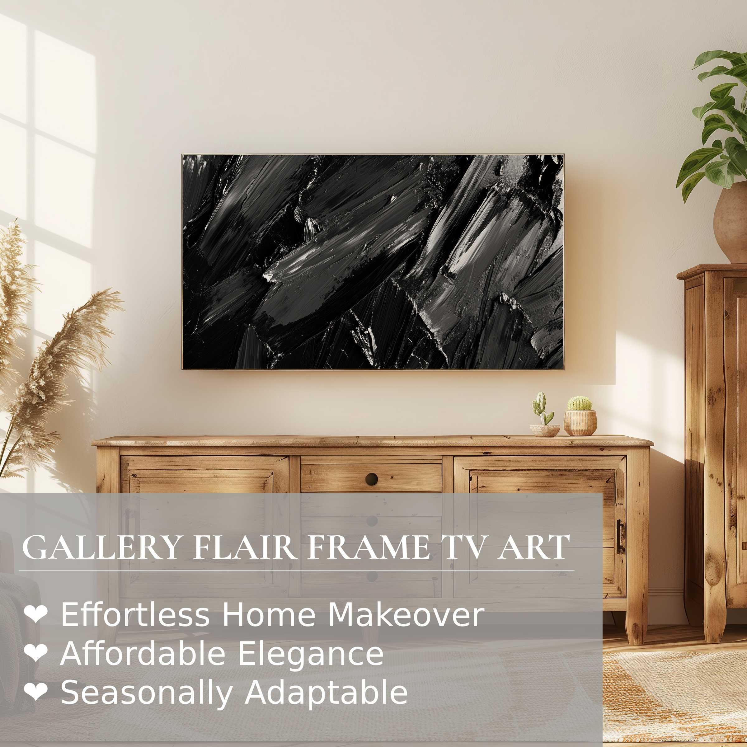 Samsung Frame TV showcases abstract digital artwork in a warm, modern living space with refined, natural decor accents