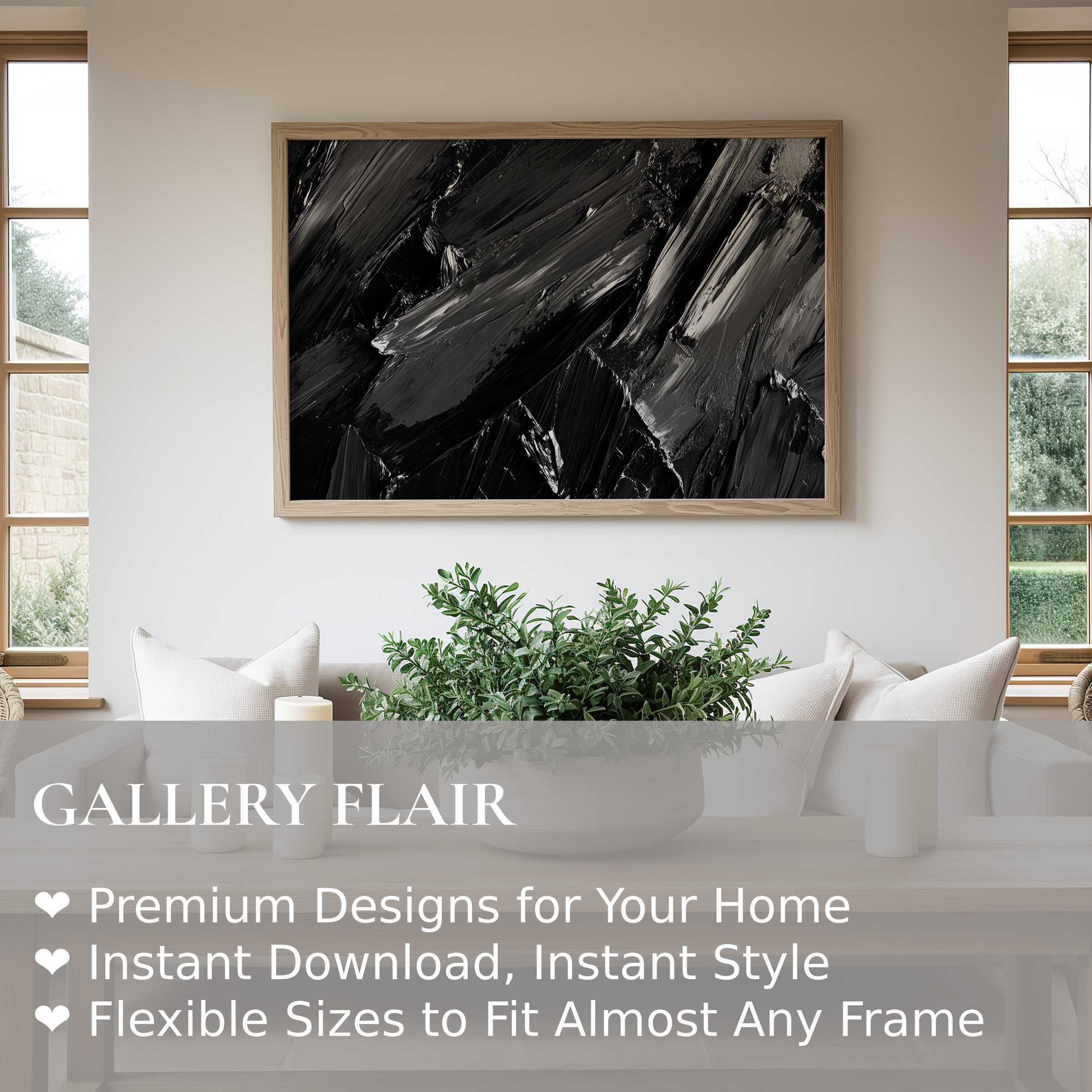 Abstract wall art print with bold, textured black strokes elevates minimalist modern interiors, adding depth and sophisticated contrast