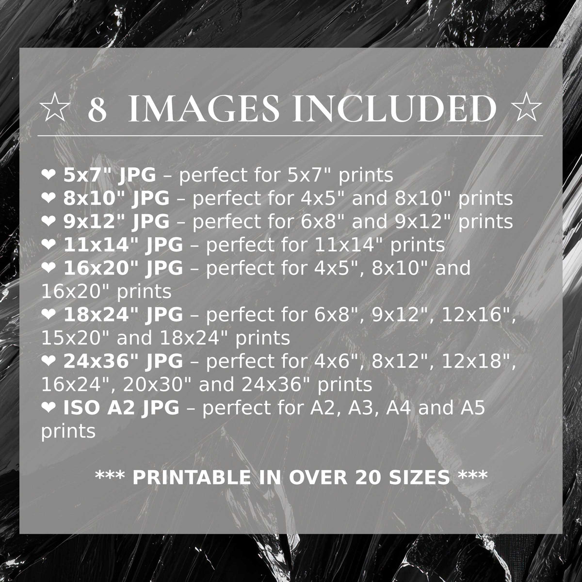 Radiant black-and-white abstract digital print evokes bold elegance, offered in 8 high-quality sizes included to elevate contemporary interiors