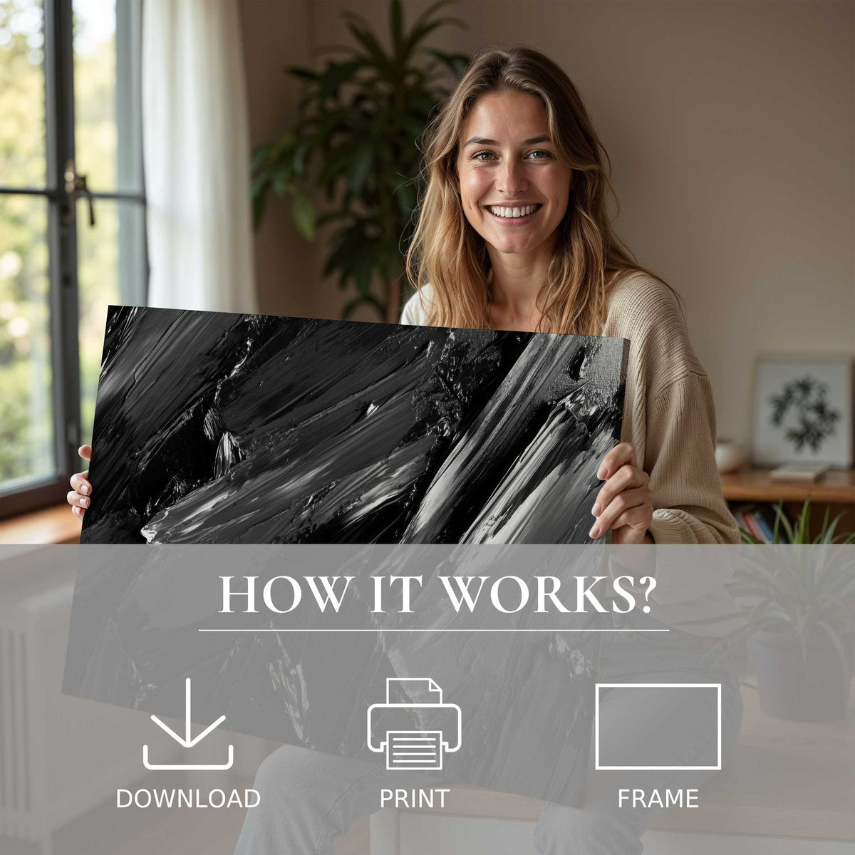 Radiant joy and serene connection embody this moment with a bold abstract digital art print, elevating modern living spaces