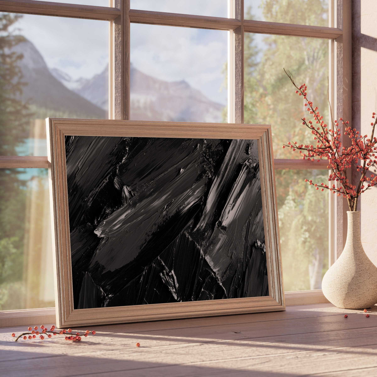 Moody abstract downloadable art in deep black brushstrokes, enriching curated interiors with effortless modern elegance and sleek sophistication