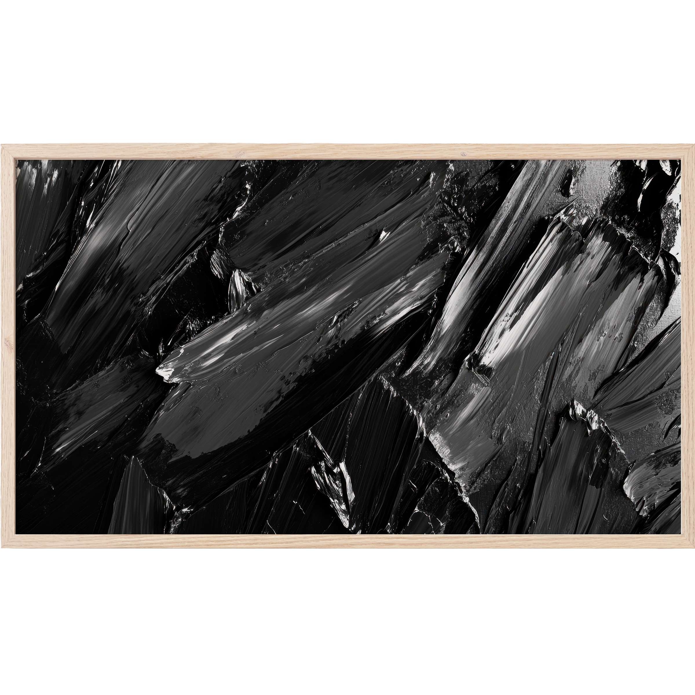 Abstract Frame TV Art with bold black and gray brushstrokes, showcasing a textured, modern monochrome palette