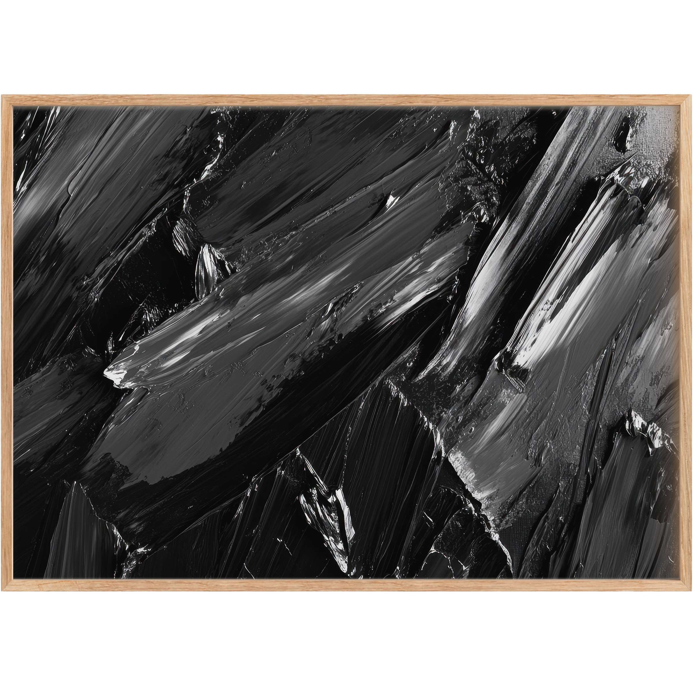 Bold abstract printable wall art in dynamic shades of black and gray, evoking a sophisticated, intense atmosphere for refined interiors