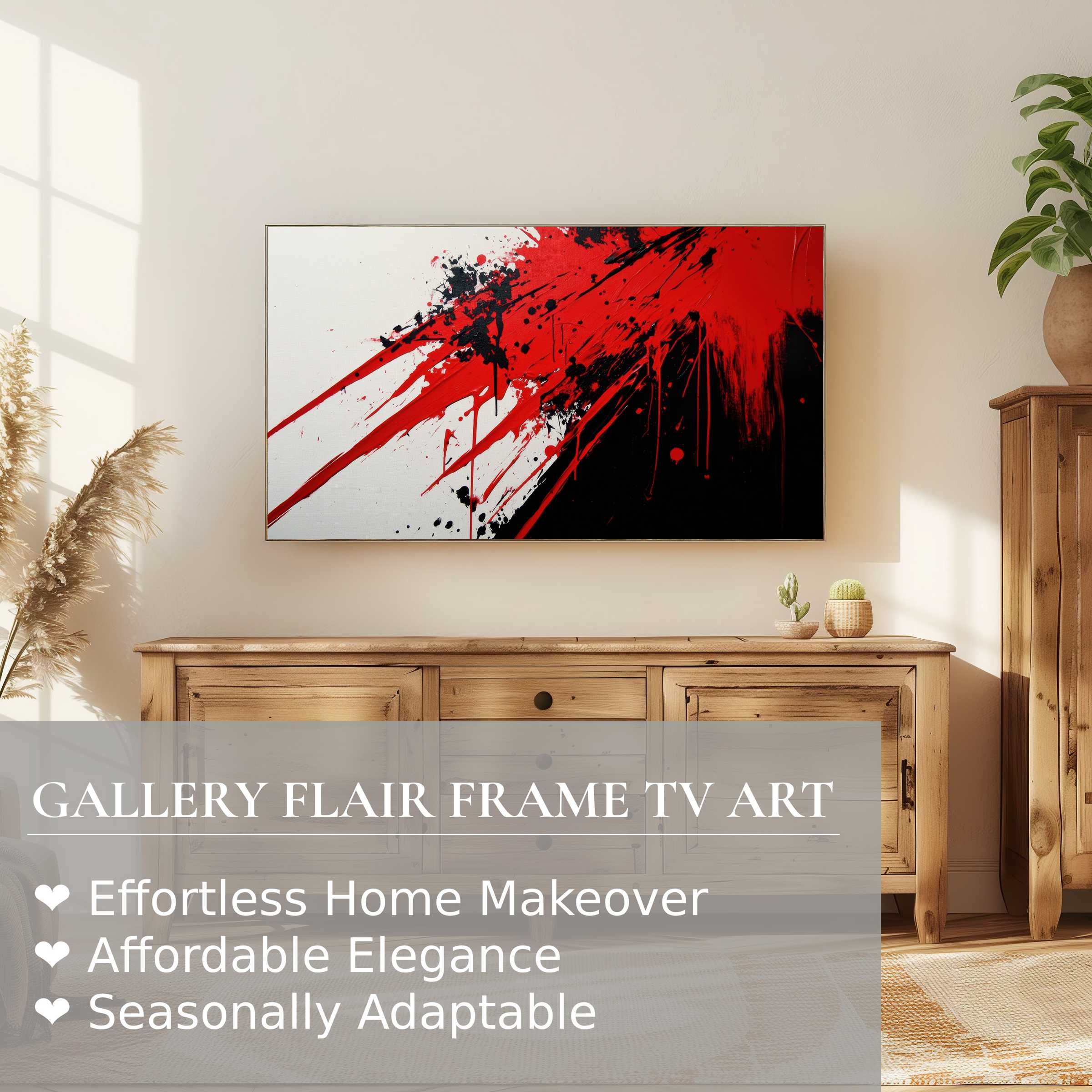 Samsung Frame TV displaying bold modern digital artwork with red and black splashes in a sleek, minimalist setting