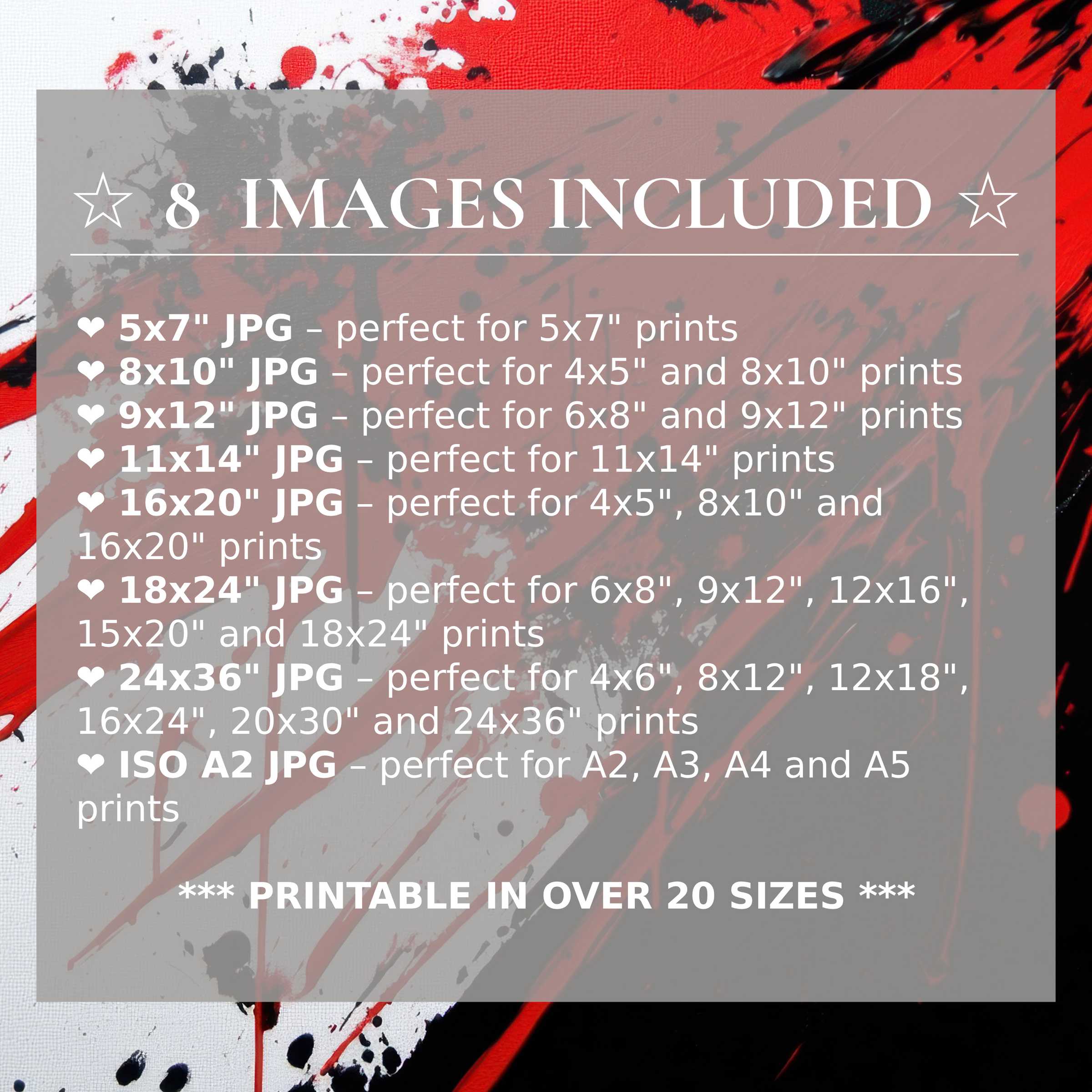 Modern digital print featuring bold red, black, and white splashes, radiantly elevating interiors with 8 included high-quality sizes