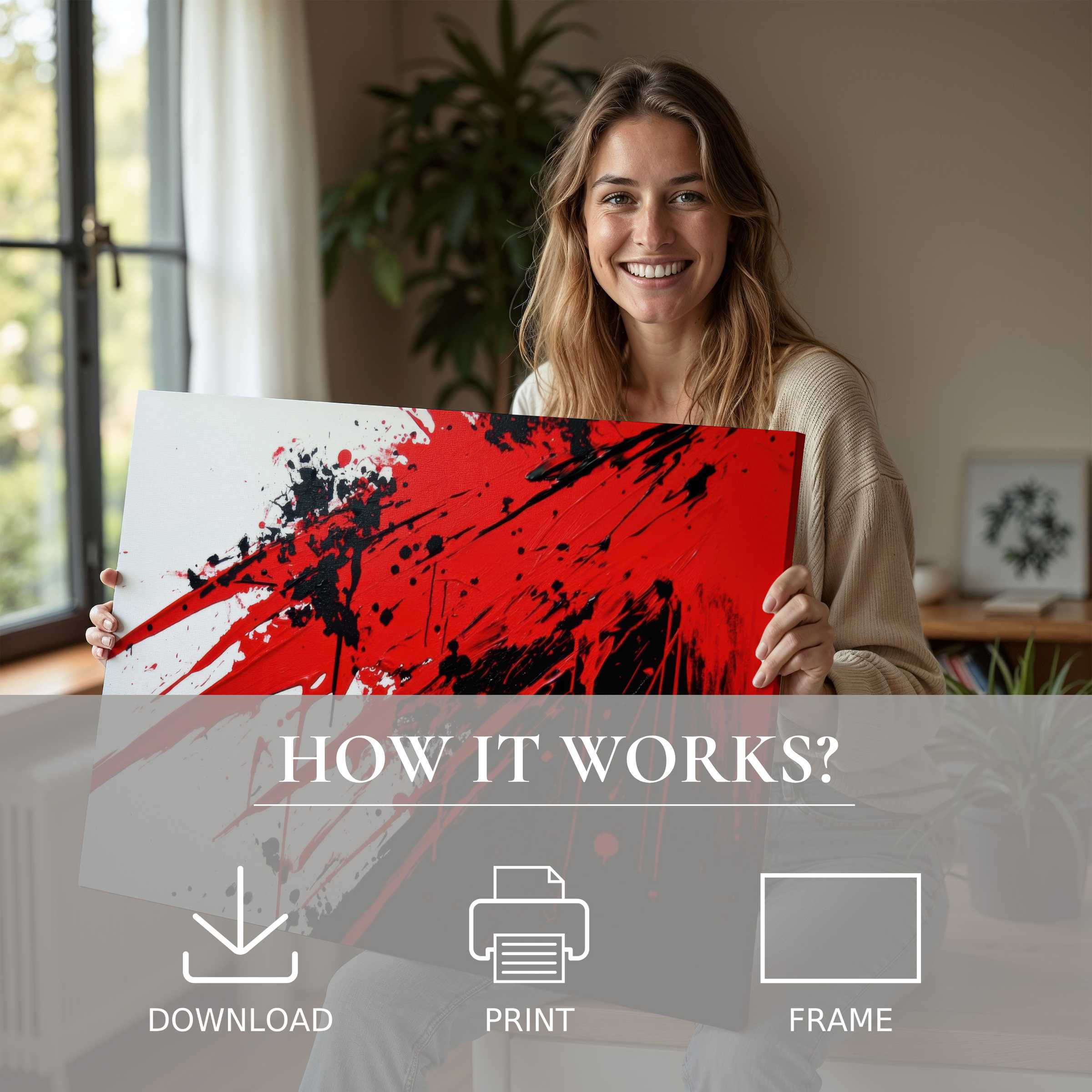 Bright, modern digital art print ignites a serene home with bold reds and blacks, sparking joy and effortless elegance