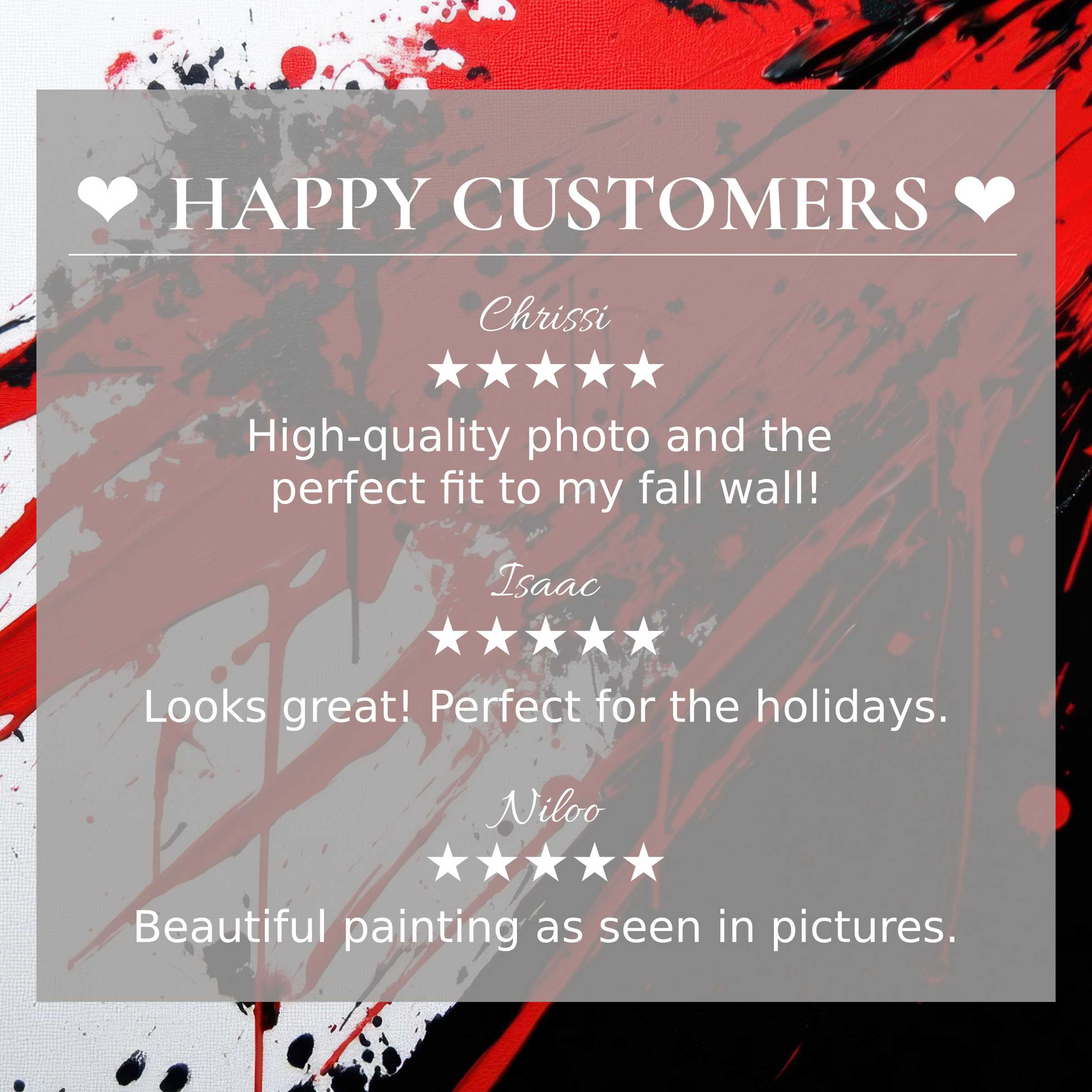Happy customer reviews highlight modern art for Frame TV with bold red and black abstract strokes, inspiring trust and elegance