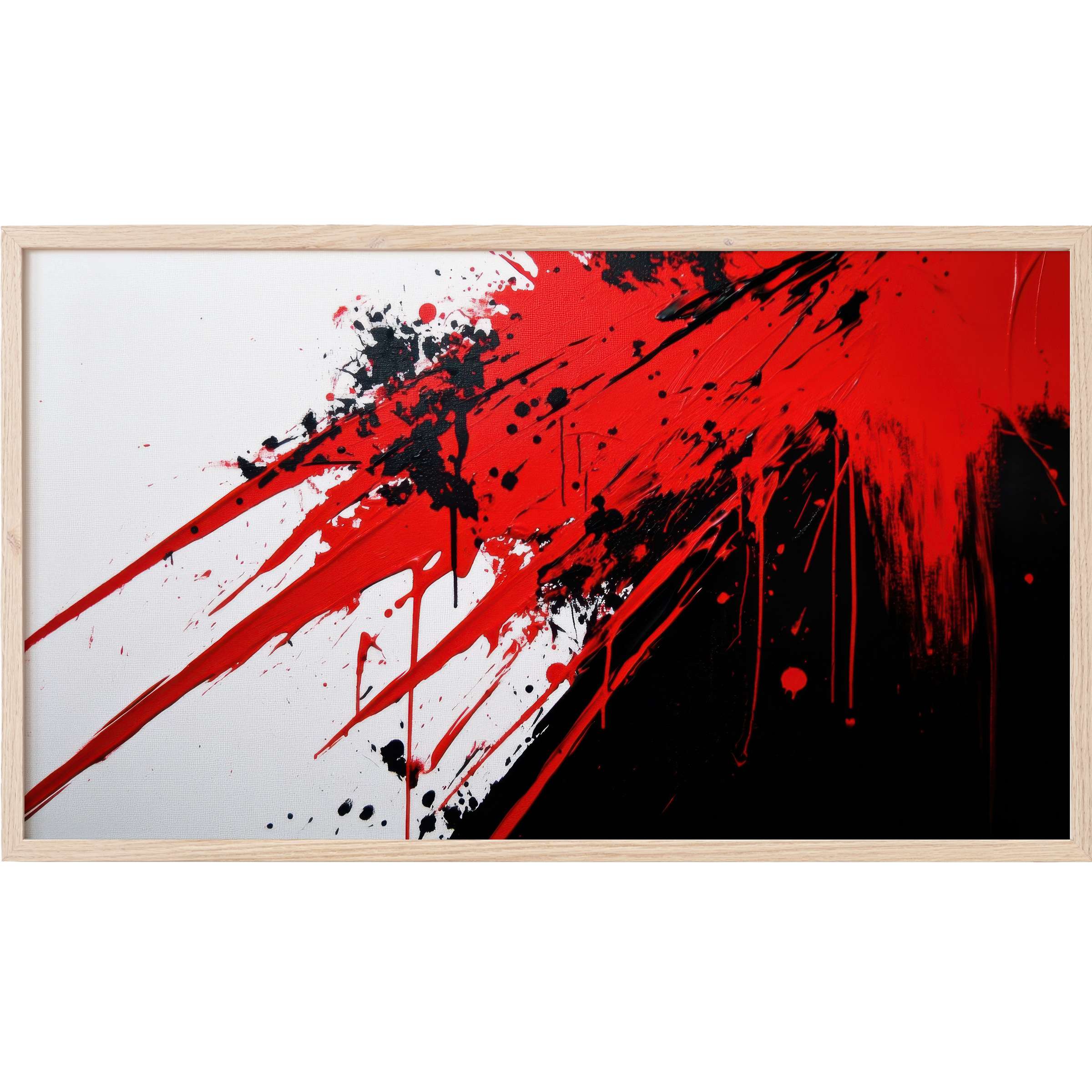 Dynamic red and black splashes on white canvas, framed for striking modern Frame TV Art with bold abstract flair