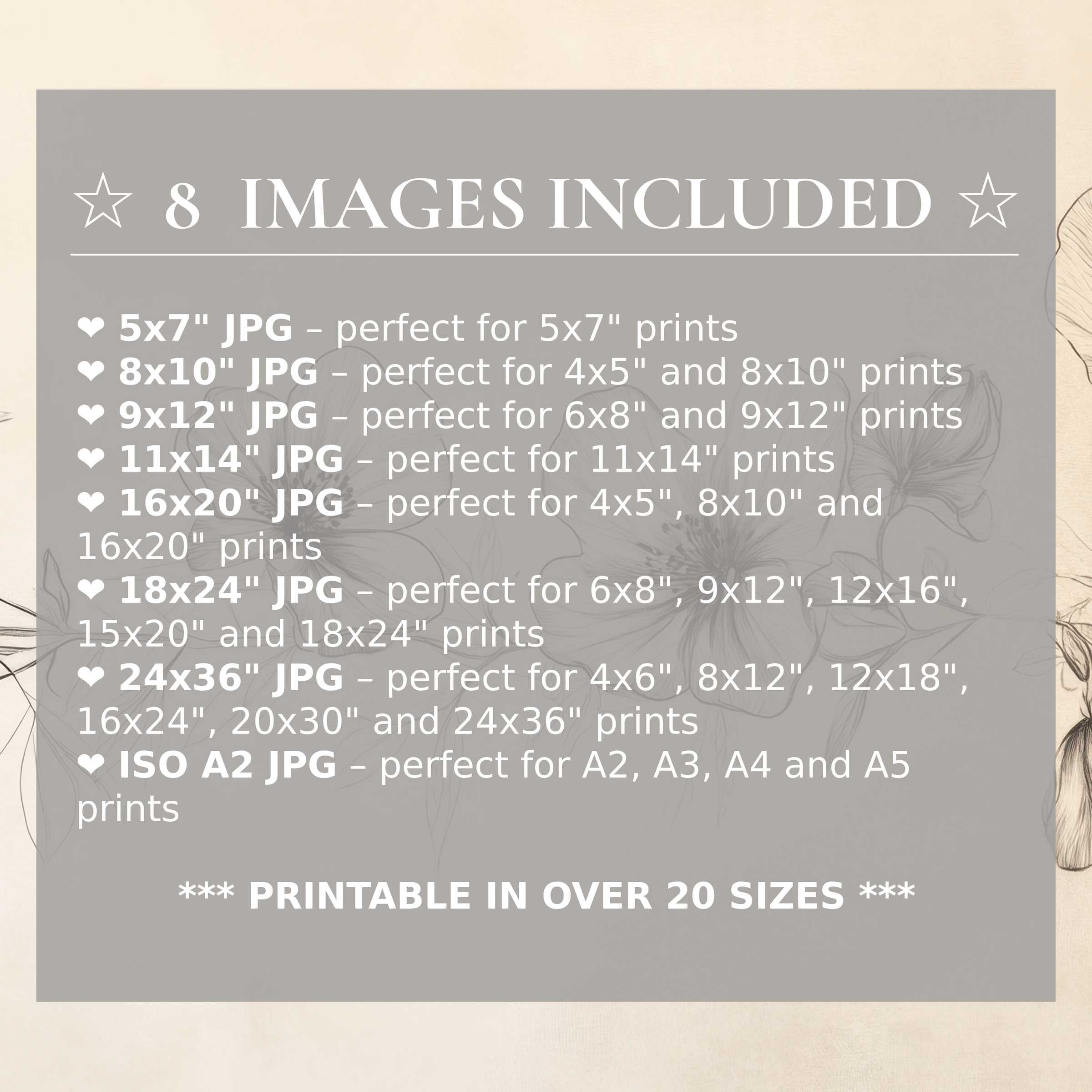 Floral digital print radiates soft beige and muted charcoal tones, offering timeless elegance in 8 high-quality sizes included-perfect for elevating modern interiors with versatile style