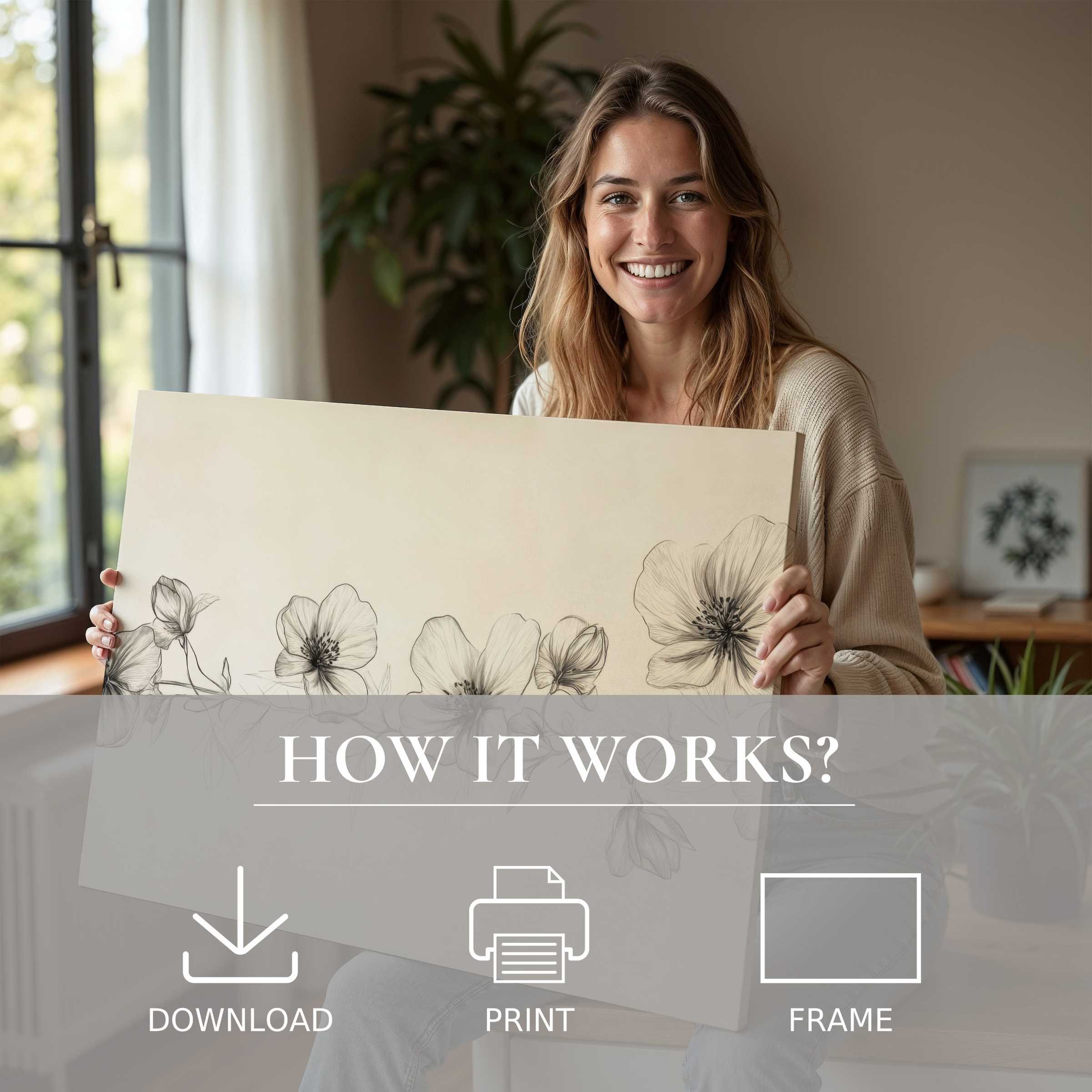Radiant joy illuminates a modern home as a floral digital art print brings serene connection and timeless elegance to everyday living