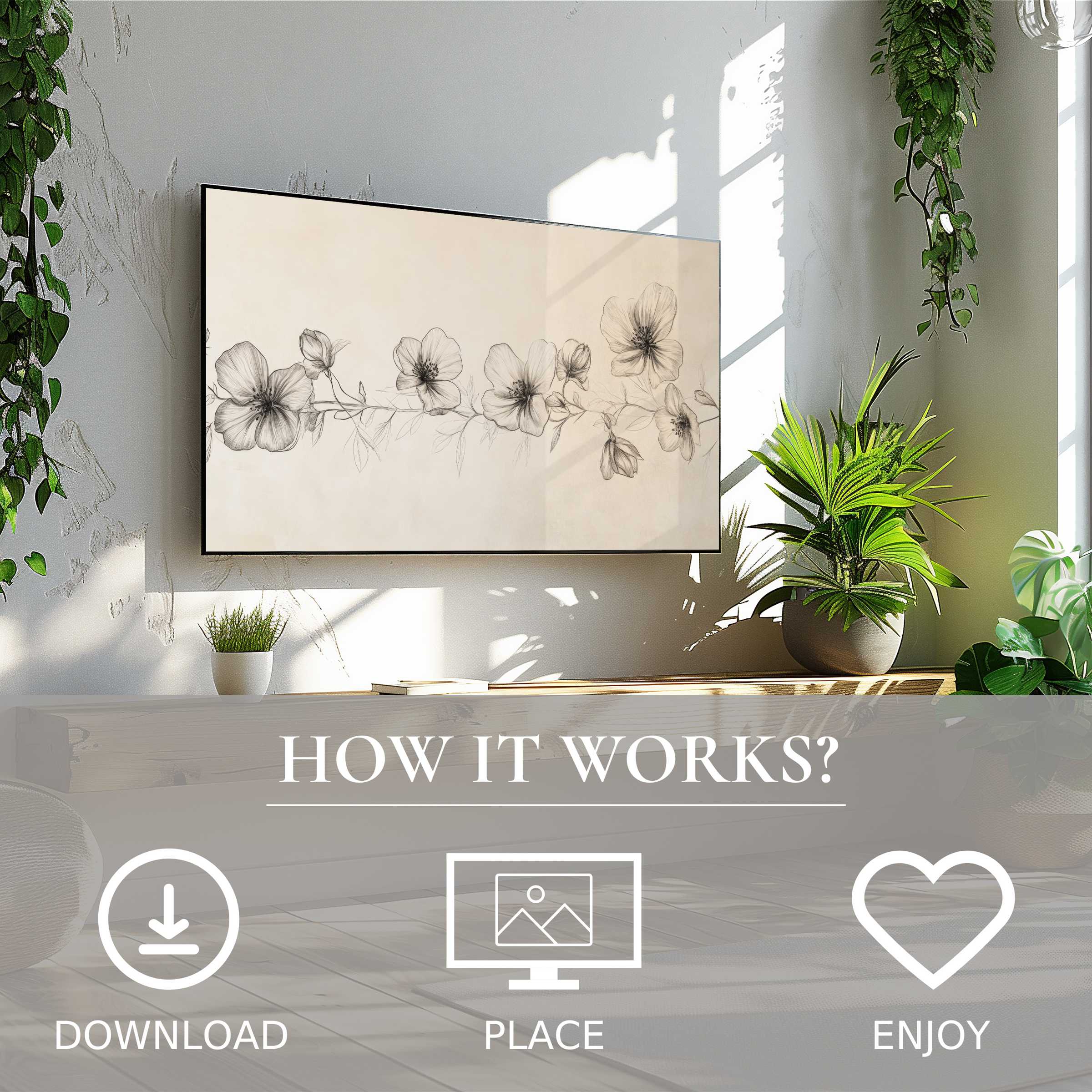 Floral art for Samsung TV with delicate pencil flowers, easy digital download to enhance bright, modern living spaces