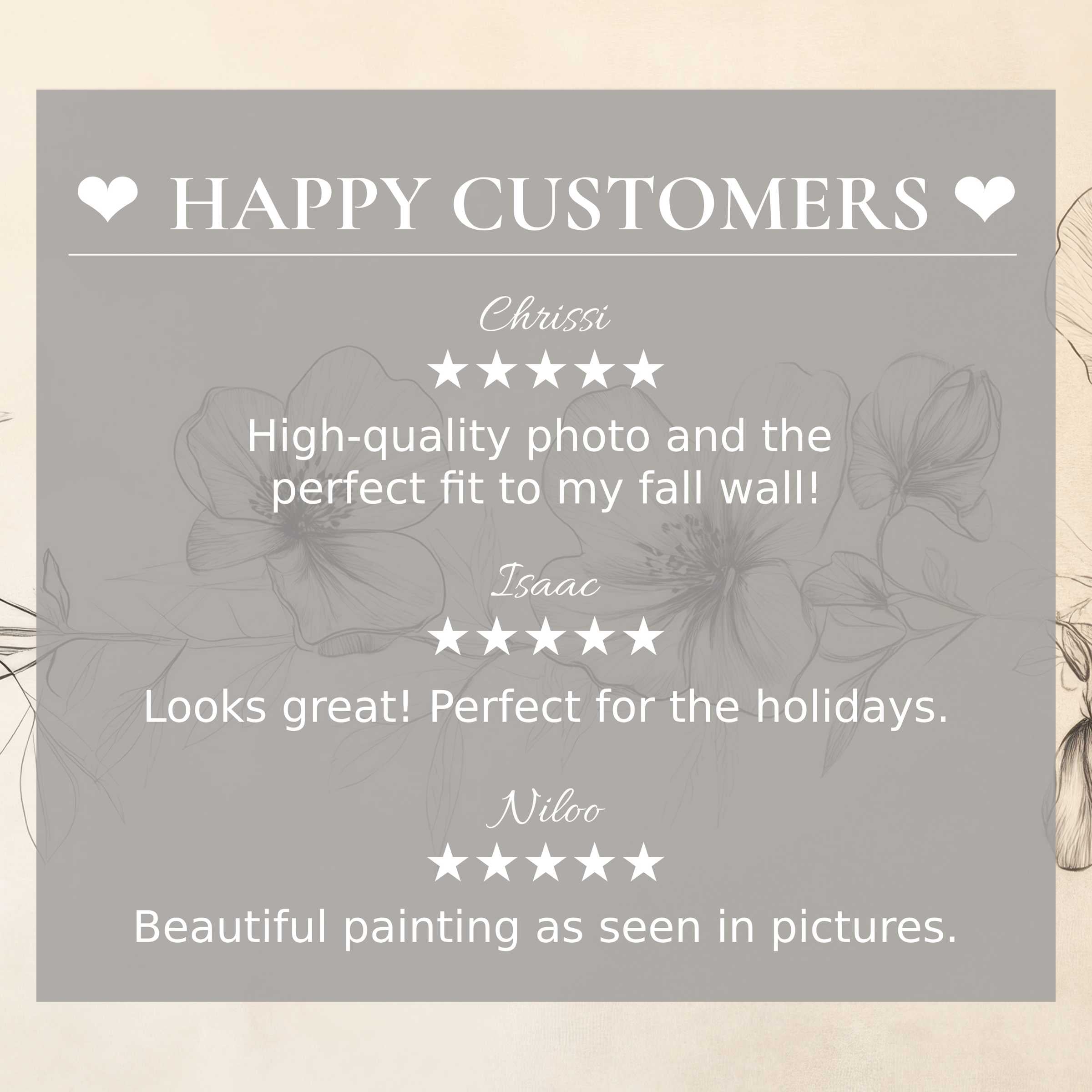 Floral art for Frame TV with soft beige floral sketch background, showcasing a happy customer and trusted elegant reviews