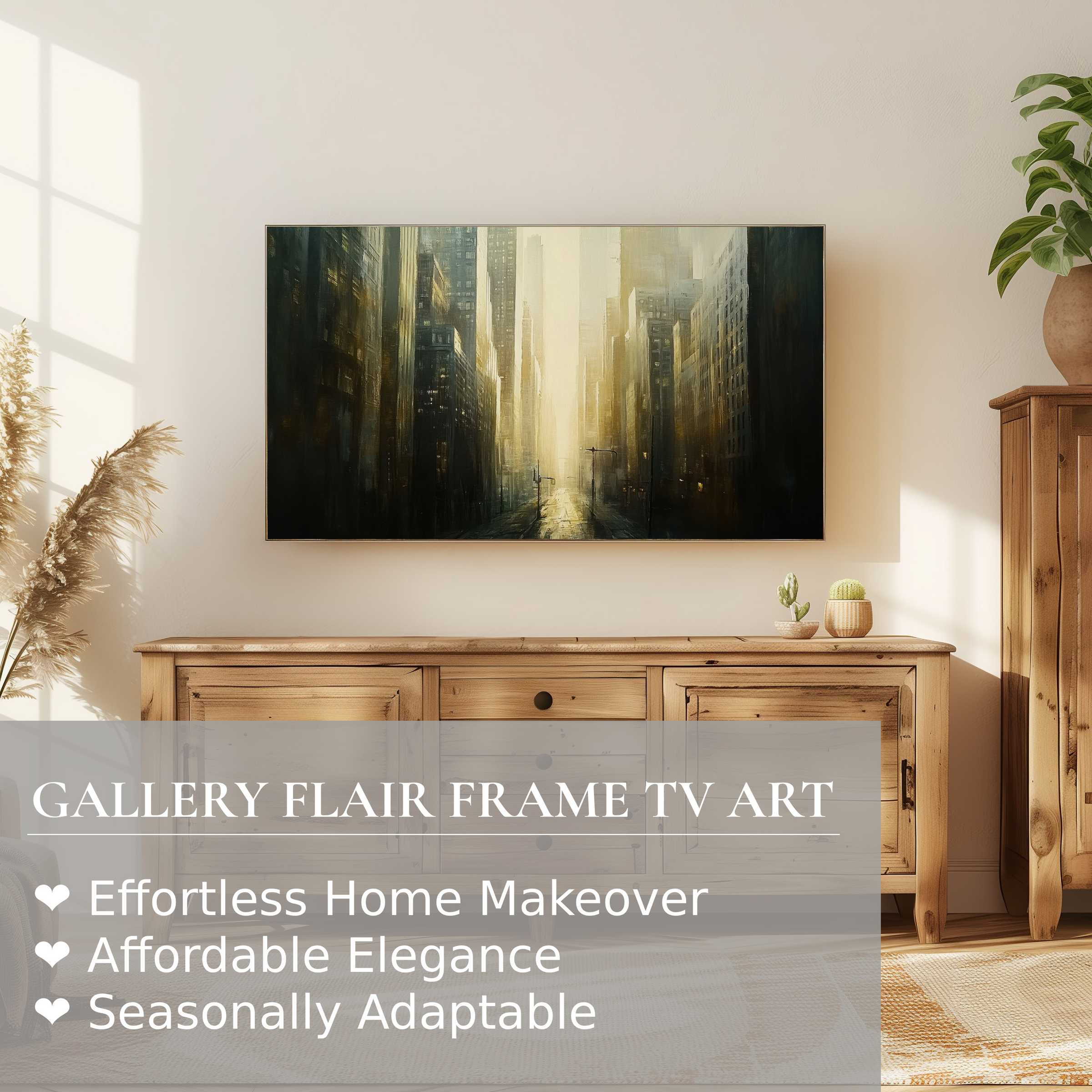 Samsung Frame TV displays urban digital artwork with moody cityscapes, enhancing refined modern home decor
