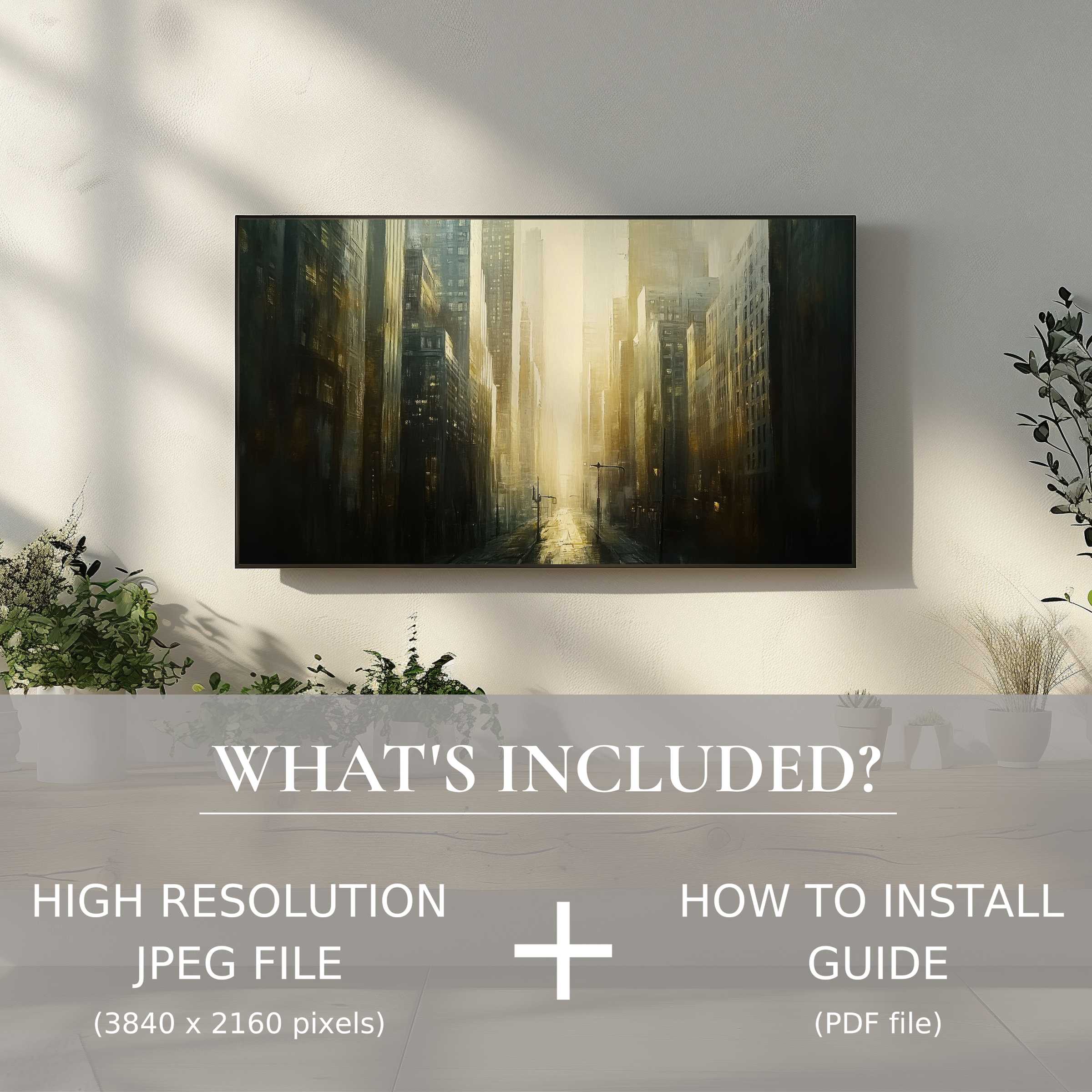 Urban digital TV art download adding elegant ambiance, easy to use and enhancing modern living spaces with high-res cityscape