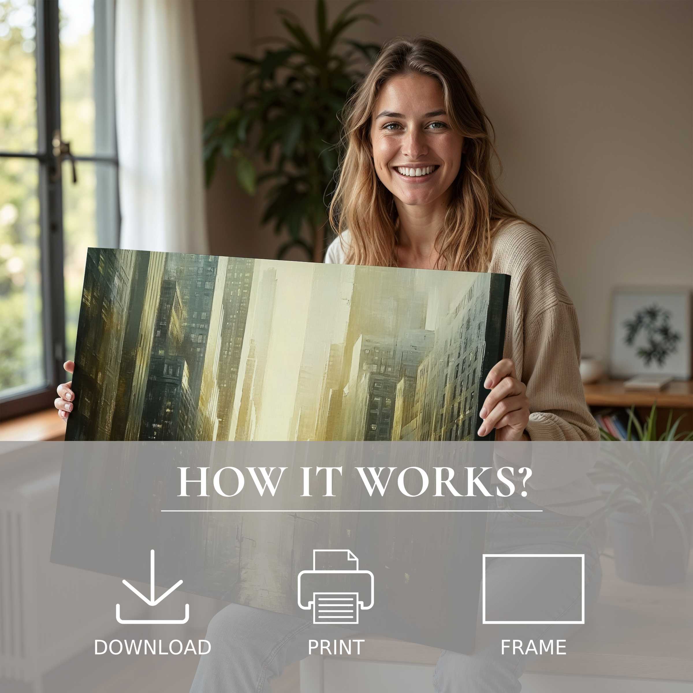 Bright urban digital art print capturing city serenity, inspiring joyful connection and effortless elegance in modern living spaces