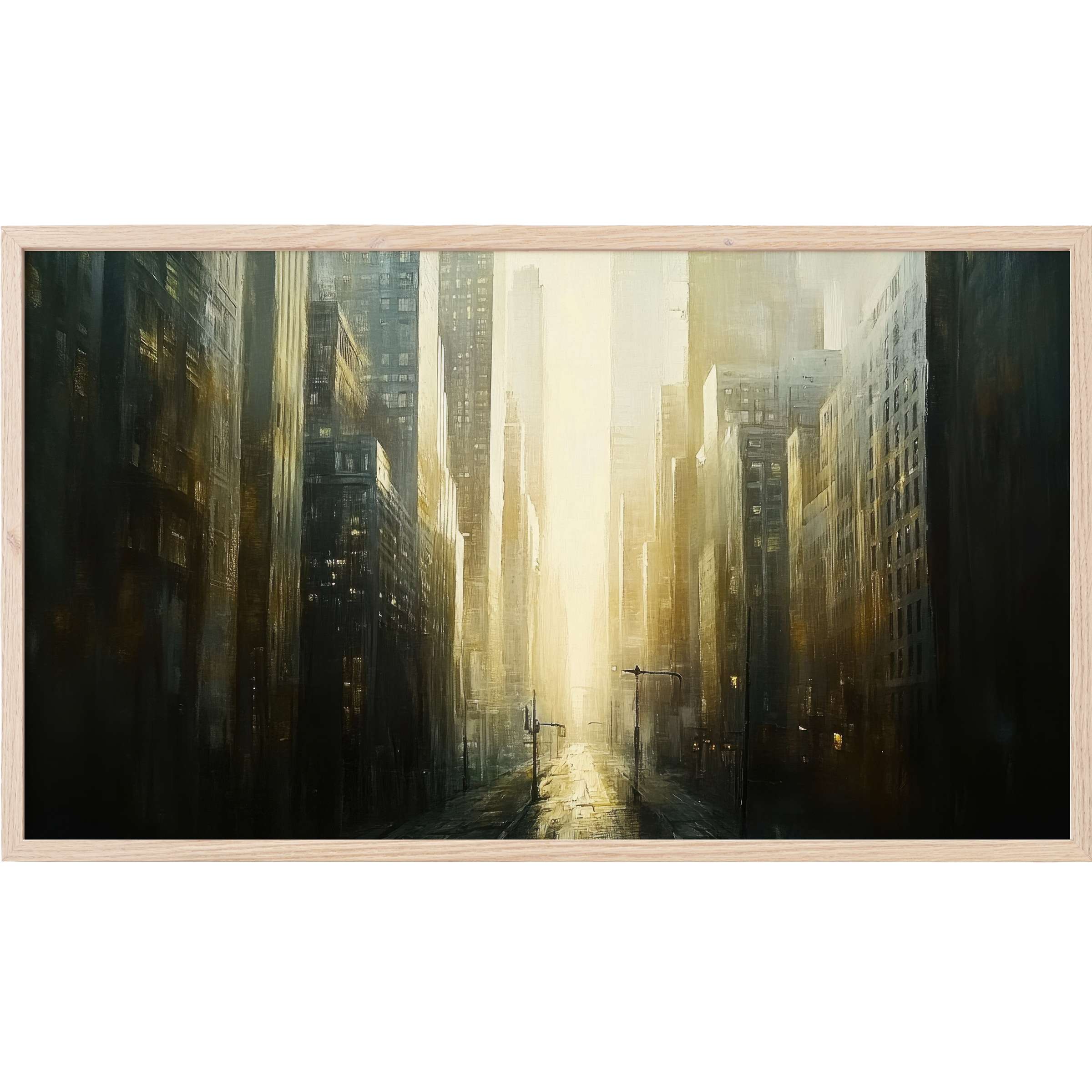 Urban cityscape in moody gold and black tones, blending light and shadow with sleek, textured brushwork, urban Frame TV Art