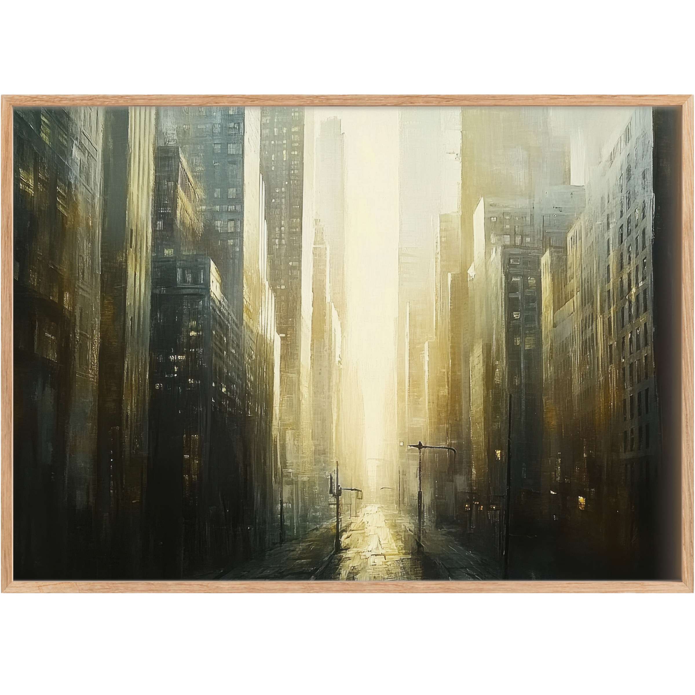 Urban printable wall art capturing a radiant cityscape bathed in golden light, infusing spaces with warm sophistication and depth