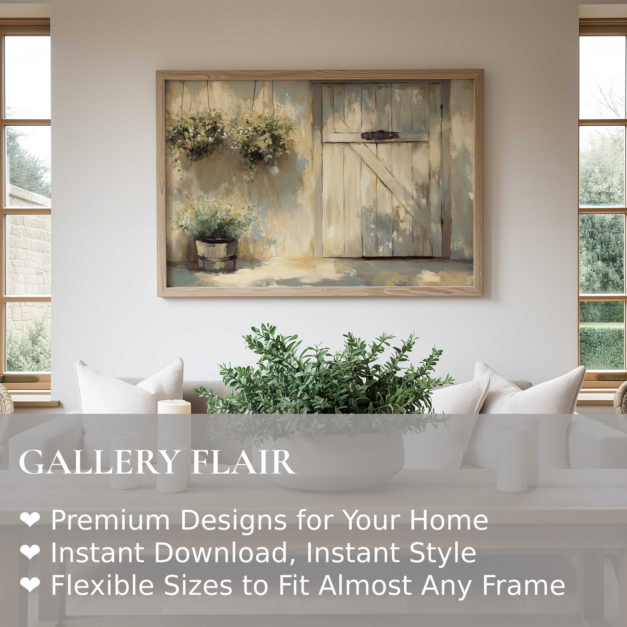 Farmhouse wall art print featuring rustic barn door and hanging plants, enhancing serene, natural modern farmhouse interiors